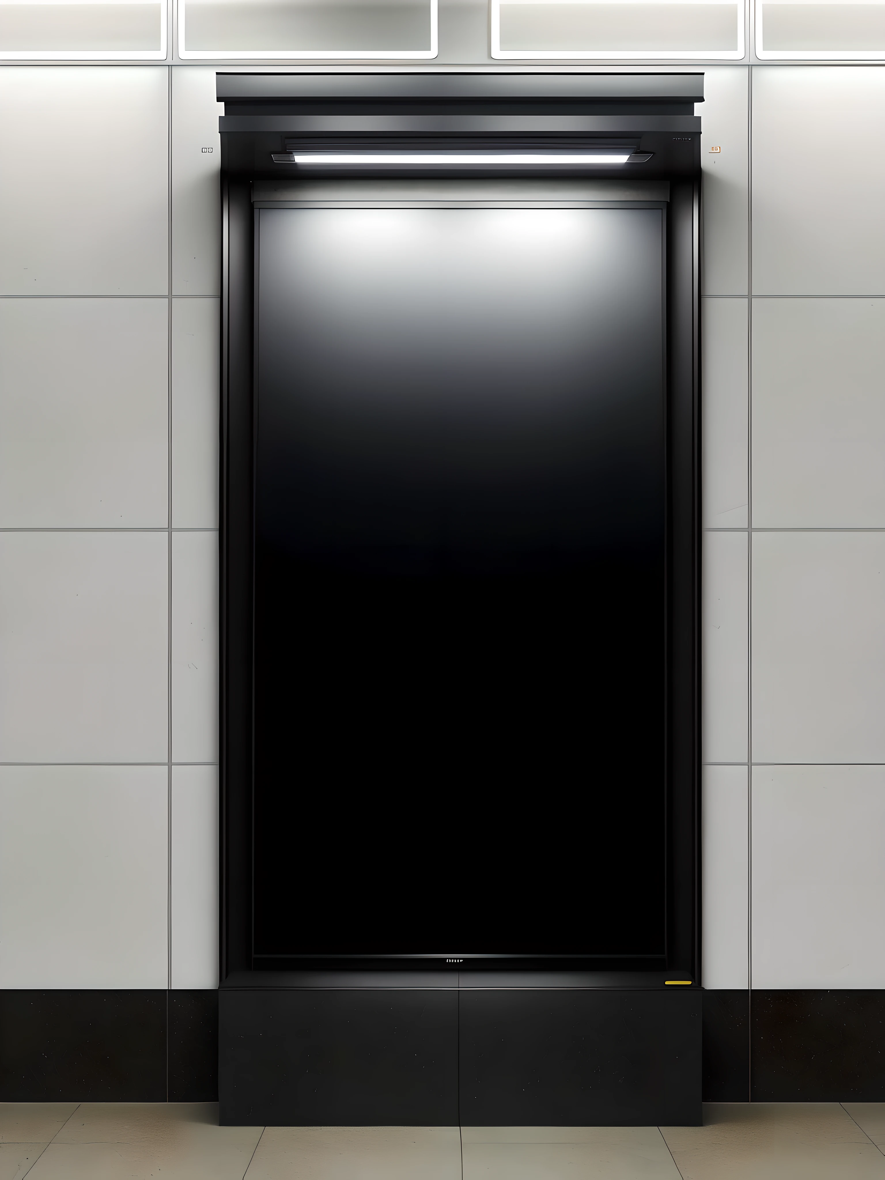 picture of a blank billboard in a public space, vertical movie frame, large vertical blank spaces, light frame, metal framed portal, panel of black, plasma display, inside a frame on a tiled wall, full view blank background, black border, blank background, white space in middle, black oled background, New Zealand metro subway.
