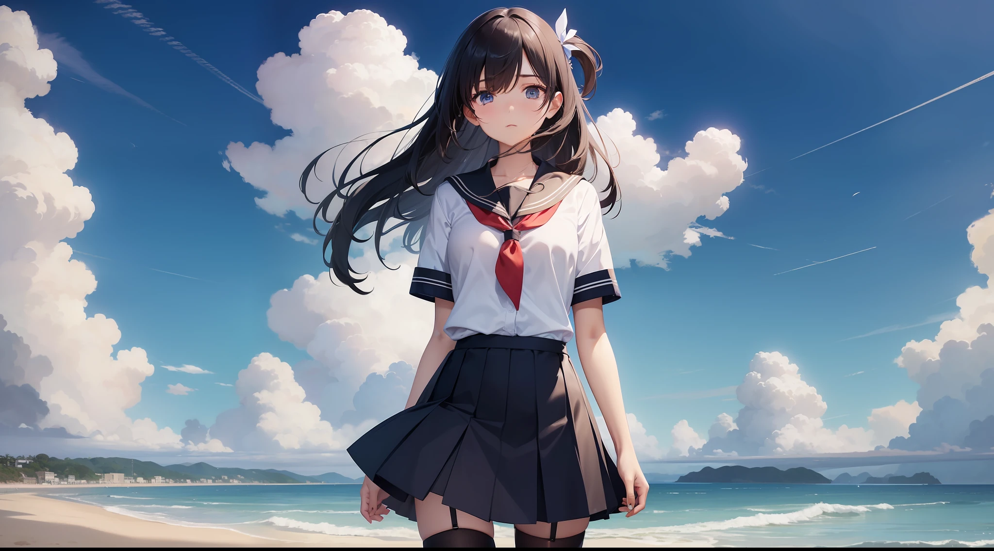 1 girl, cute, hairpins, beautiful eye iris, blue school uniform, full body, perfect body size, black stockings, wind blowing skirt, clouds, standing in beach sand, clear blue sky in the background,