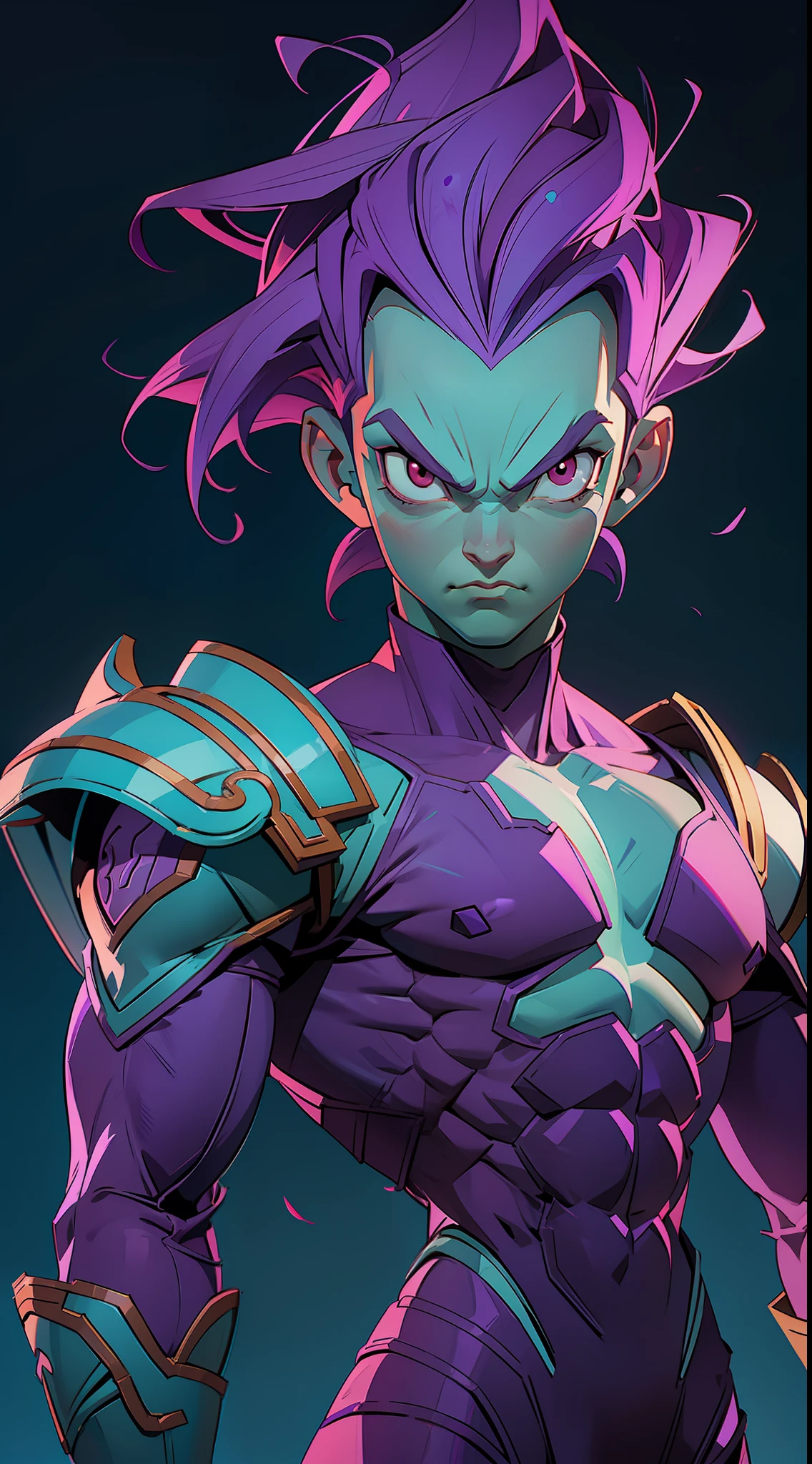 Vegeta man, dragon ball, bodybuilder, beautiful face, serious face, PURPLE hair, red eyes, perfect body, fit body, abs, muscular,blue and white armor