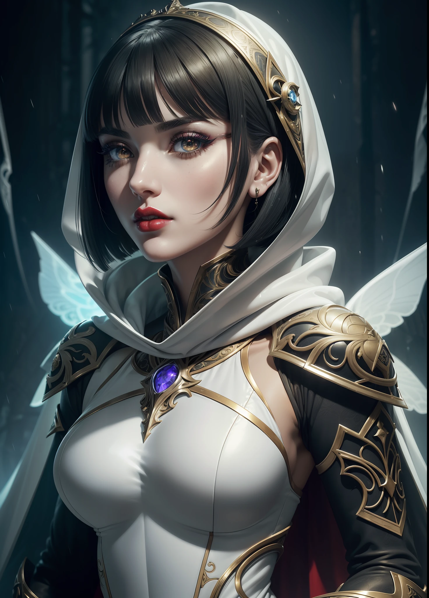 (Masterpiece) realistic bust to the below the pelves of a beauty hyperrealist & photorealist beauty young astonishing anime KNIGHT PRINCESS girl in highly & extremely detailed white futuristic combat plugsuit body with cape & scarf (masterpiece), magic & incantation glowing flying surrounded her, Unity 8k, pearly perfect WET skin with pores (short bob cut hair with colorful bangs fringes) ((perfect face shapes, complete perfect red lips, perfect nose, correct beautiful eyes, eyelashes, detailed intricate iris textured face in ZBrush)), full HD vines, midnight aura, BLOODBOURNE aesthetic STYLE, developed by Unreal Engine 5, Ultra Sharp Focus, Art by Alberto Seveso, Sci-Fi, vibrant & intricate Artwork, golden Ratio, epic, HR Giger STYLE