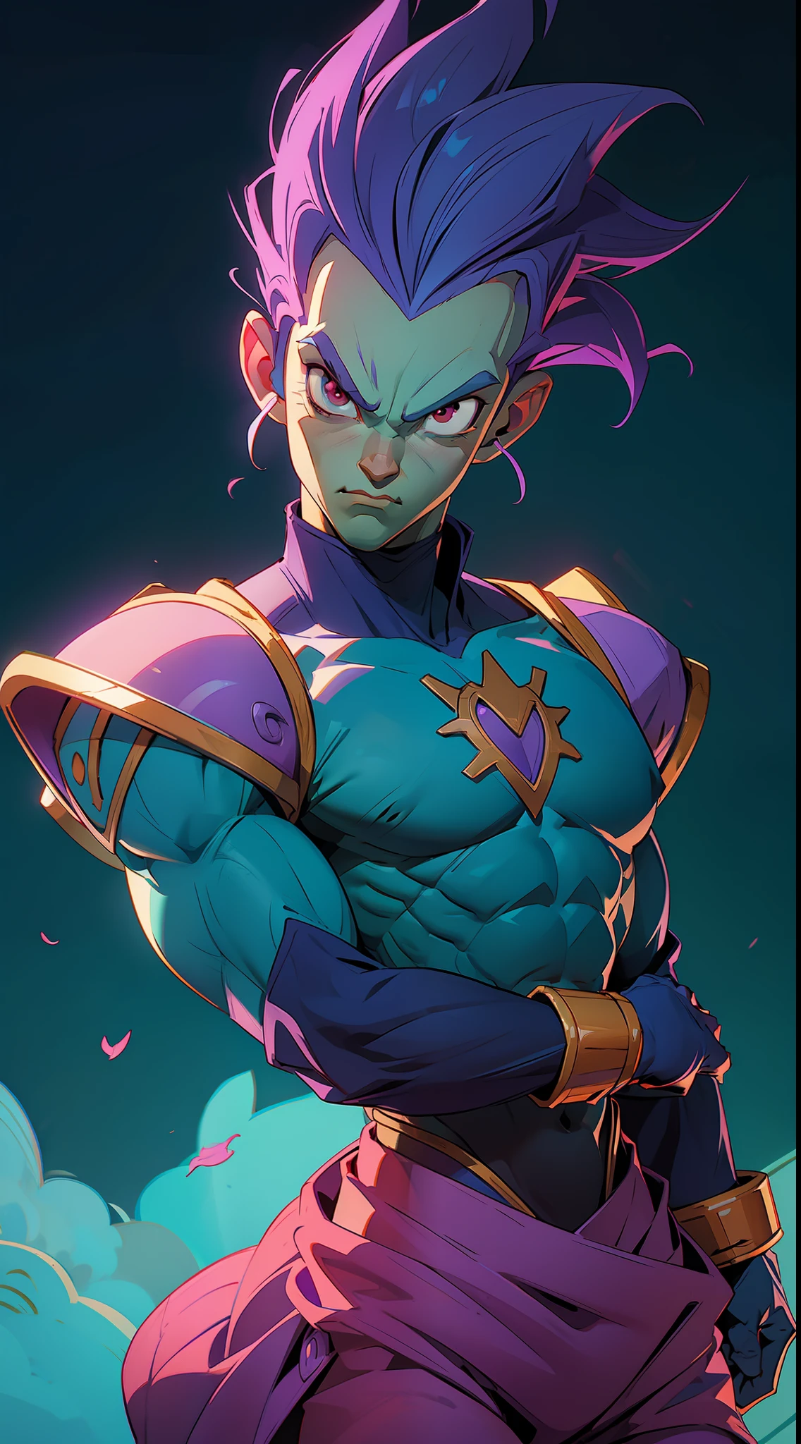Vegeta man, dragon ball, bodybuilder, beautiful face, serious face, PURPLE hair, red eyes, perfect body, fit body, abs, muscular,blue and white armor