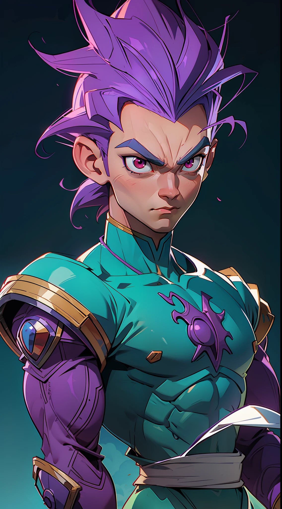 Vegeta man, dragon ball, bodybuilder, beautiful face, serious face, PURPLE hair, red eyes, perfect body, fit body, abs, muscular,blue and white armor
