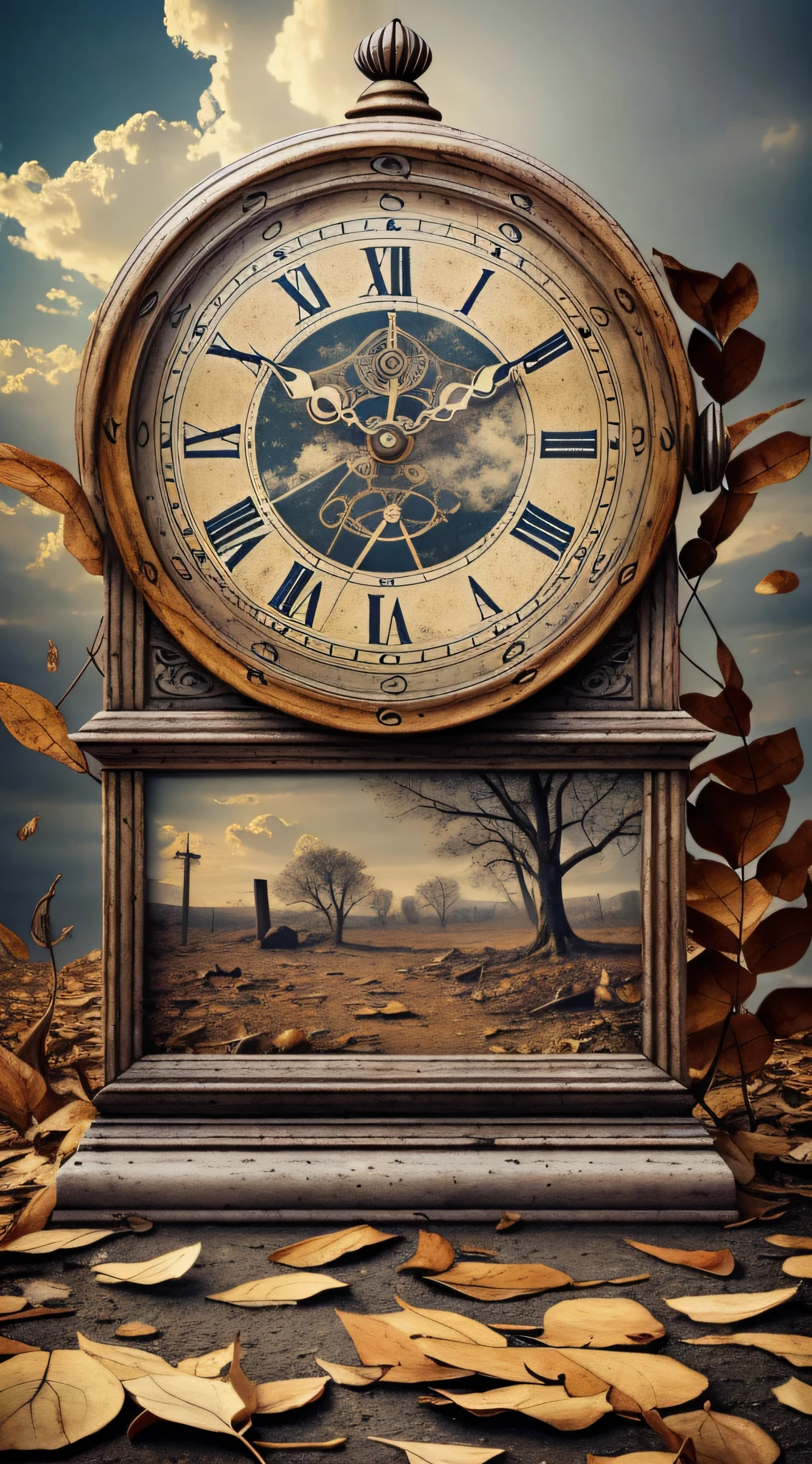 Antique clock in the hands of a time keeper in an apocalyptic scenario, wear and tear on people, showing the relentless passage of time, with cracks in the face of the clock, floating dust, twilight and charged clouds, dry leaves flying through the air, realistic photo, detailed photo, 3d rendering, vivid and bright colors, realistic image, 12k image, 8k, full photo without head or body cut --auto --s2