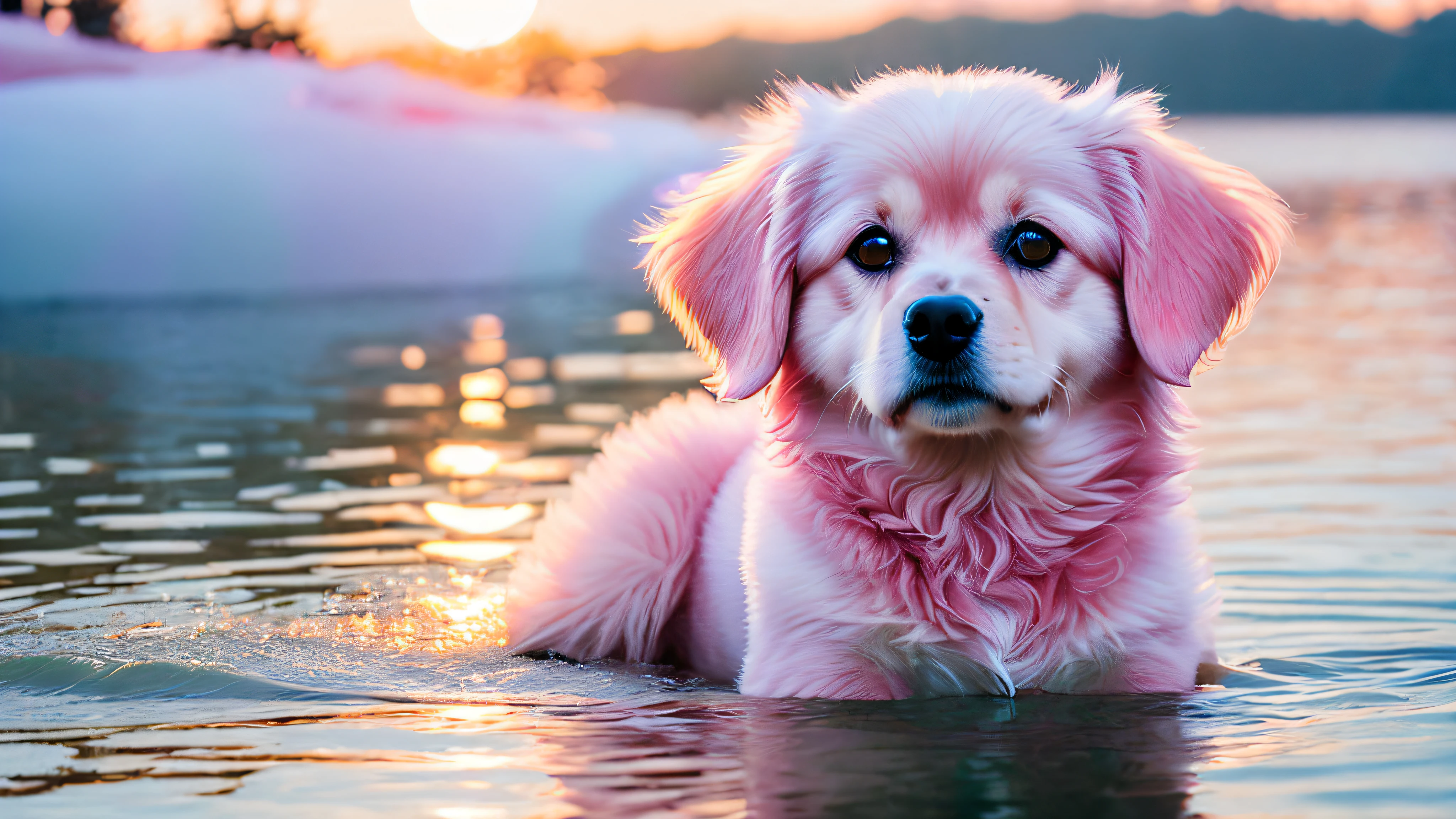 Close-up photo of a very cute pink dog on the lake, pink, soft volumetric lighting, (backlight: 1.3), (video: 1.2), intricate detail, (ArtStation: 1.3), rutkowski, smile,