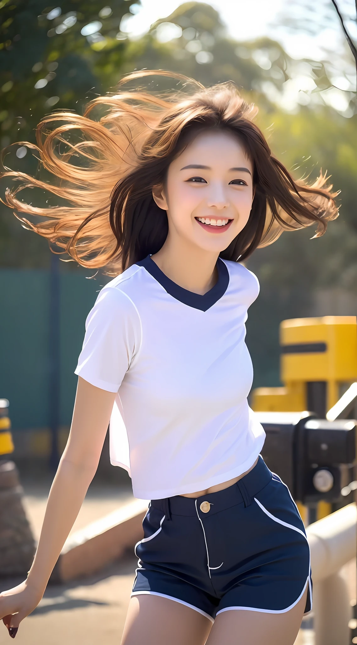 On the playground, a beautiful and lively girl is running. She wears a white short-sleeved T-shirt and dark blue sports shorts, and her long hair flutters in the wind. She had a sweet smile on her face and her arms swinging naturally, as if she was dancing in harmony with her surroundings. Her breath is full of vitality and vitality, as if her whole body is venting the energy of youth. The whole picture is made more vivid by her presence, making people feel endless joy and vitality.