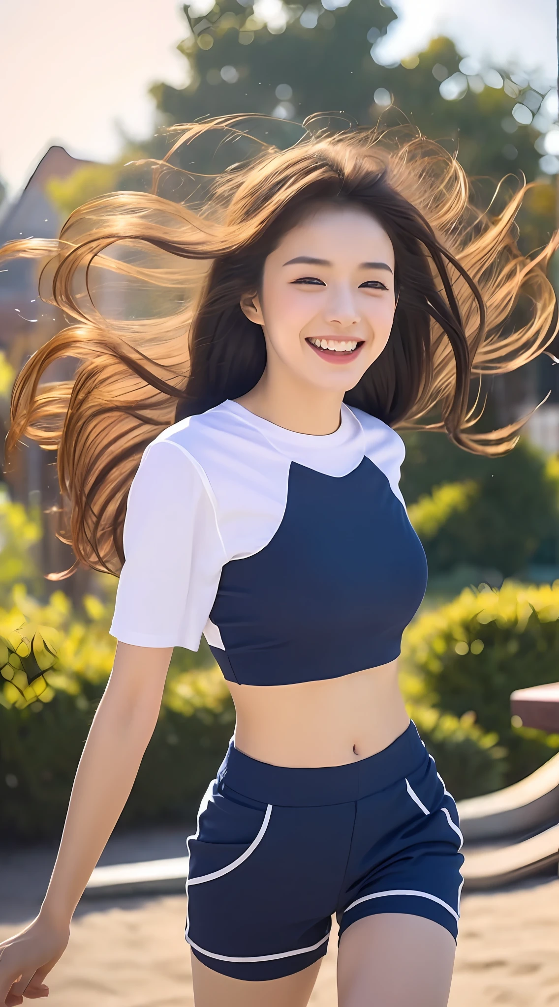 On the playground, a beautiful and lively girl is running. She wears a white short-sleeved T-shirt and dark blue sports shorts, and her long hair flutters in the wind. She had a sweet smile on her face and her arms swinging naturally, as if she was dancing in harmony with her surroundings. Her breath is full of vitality and vitality, as if her whole body is venting the energy of youth. The whole picture is made more vivid by her presence, making people feel endless joy and vitality.