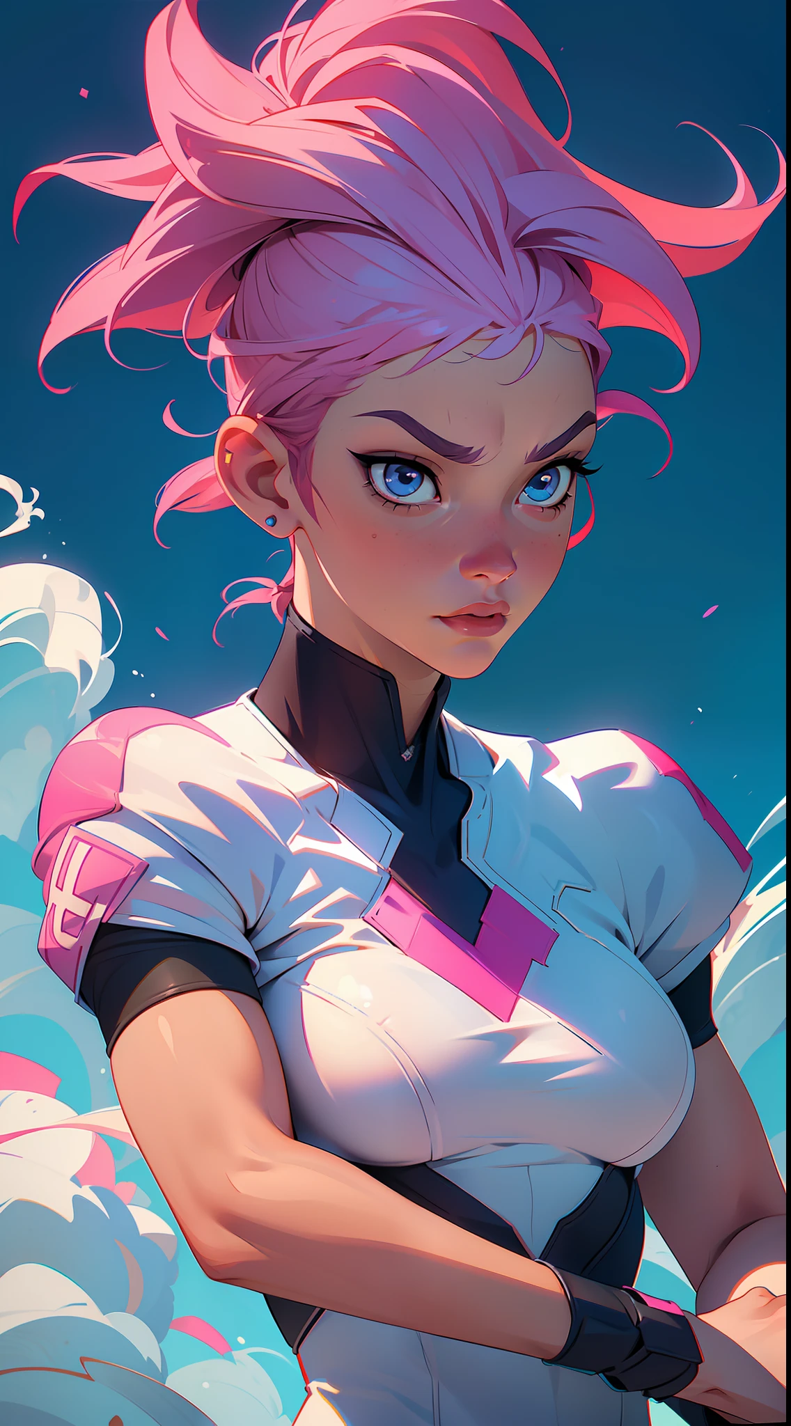 "(masterpiece), high resolution, meticulous details, fierce athlete, determined to reach for glory, striking pink hair, piercing blue eyes that showcase fierce determination , (short hair:1.2), (competition:1.2), burning sportsmanship, (focus on body:1.3)".
