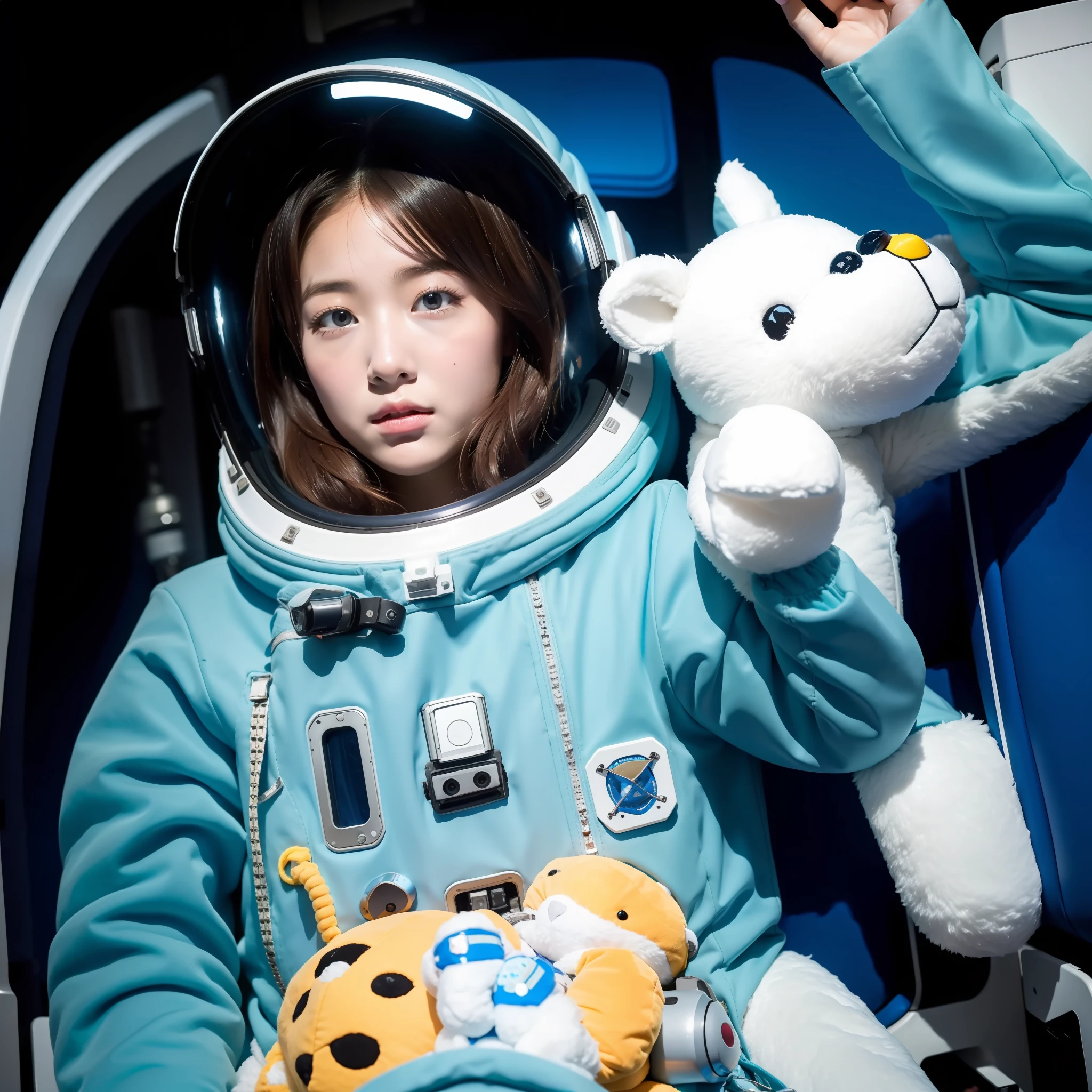 A girl in a spacesuit staring at space in the cockpit of a spaceship. However, in her hand is a fluffy space stuffed animal, which stands out for its cuteness.
