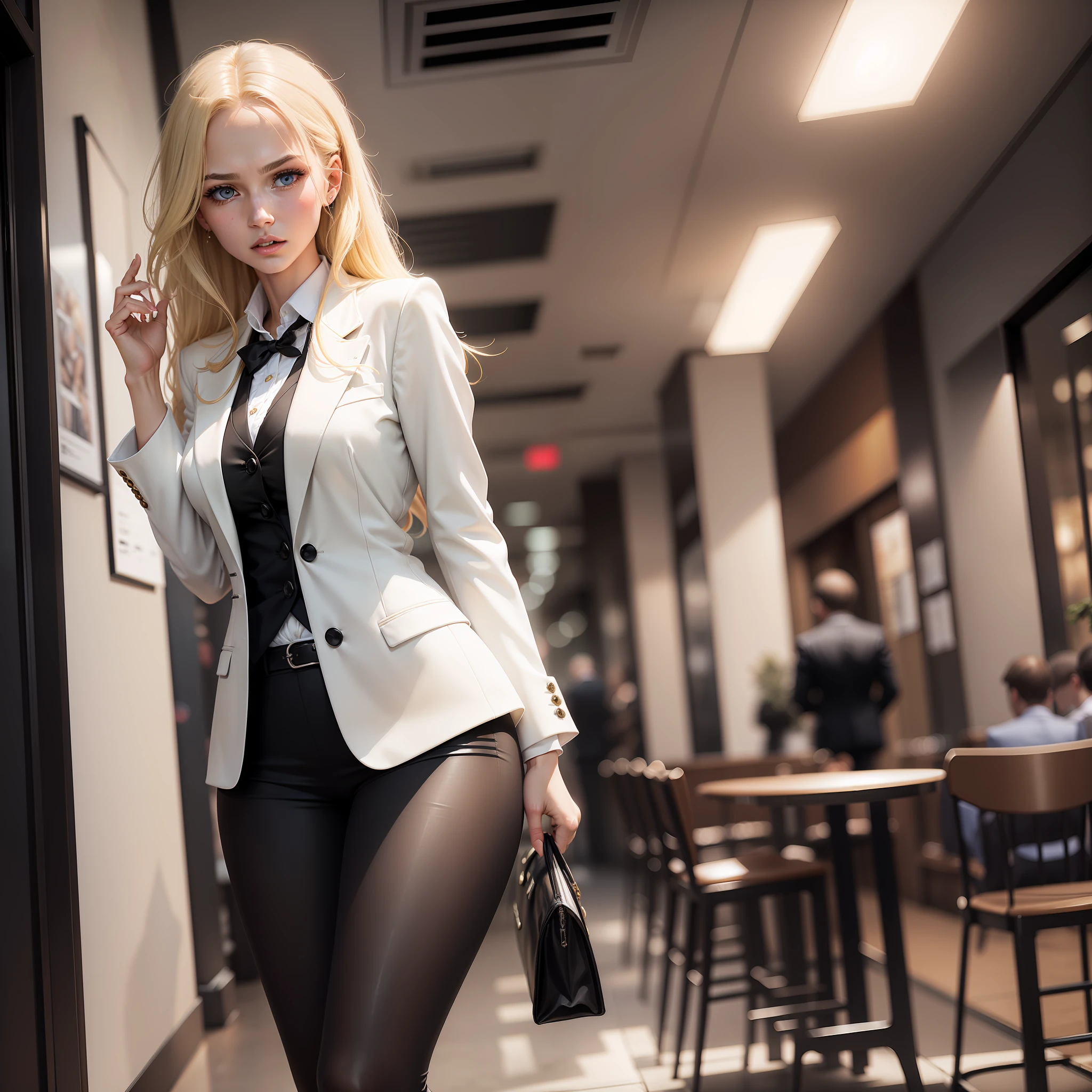 The ultra-realistic act of a gorgeous blonde, light-eyed woman dressed in a formal ensemble in a white blazer with black accents, hurriedly walking out of a coffee shop, expression of fear