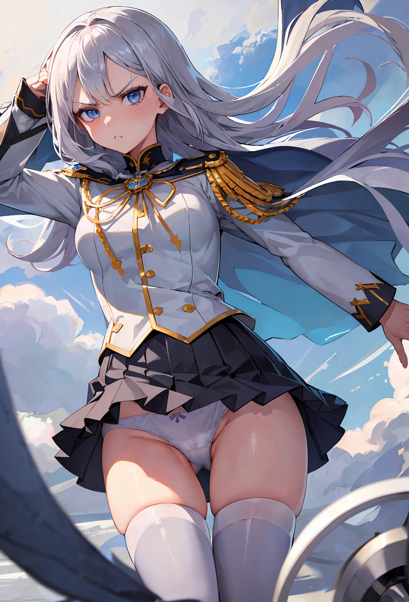 ((Masterpiece), Top Quality, Girl, (Uniform), Silver Shorthair, Blue Eyes, (Skirt Deflected by the Wind), White Panties, (Angry Face), Perfect Anatomy