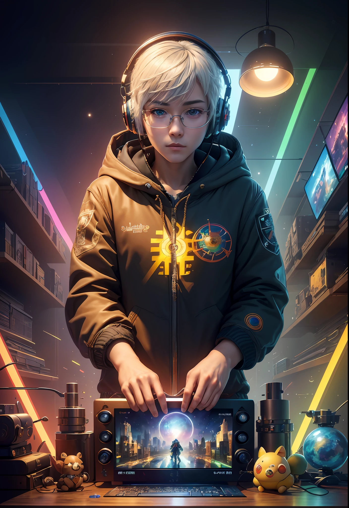 Masterpiece, Best Illustration, Solo, Multiplayer, Handsome Glasses-kun, White-haired Boy, Blonde Girl, Seated, Keyboard \ (Computer \), Fur Decoration, Computer, Monitor, Hood, Jacket, Hood Down (Chair, Headphones, City, Instrument, Cyberpunk, Wooden Toys,\(\(Intricate Details\)\), Color Details, Rainbow Color BREAK, \(\(Best Quality of Masterpiece\)\), 4K, Ultra Detail, Detailed Lighting, \((Inspired by Hayao Miyazaki)\), Official Art, Propaganda art, composition, a giant mirror ball floating in space, twinkling lights, sad lost, particles in the air, intricate fractals, detailed, (illustration), masterpiece, high resolution, best quality. Illuminate people, colorful, master composition, focus on key figures, realism, masterpiece, award-winning, best quality, masterpiece, ultra-detailed, 8K, extremely detailed CG Unity 8k wallpaper, complex, highly detailed, realistic