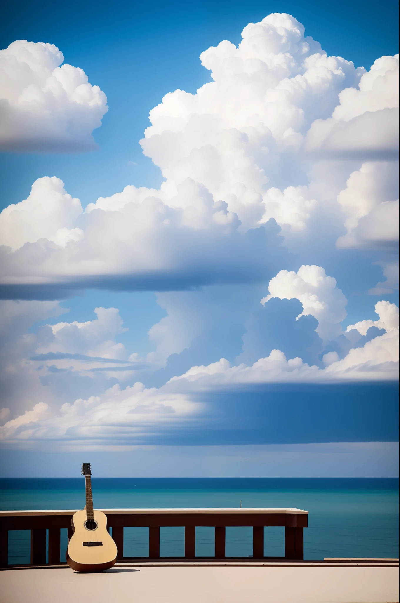 View of cumulonimbus clouds across the sea, male, acoustic guitar, piano,
