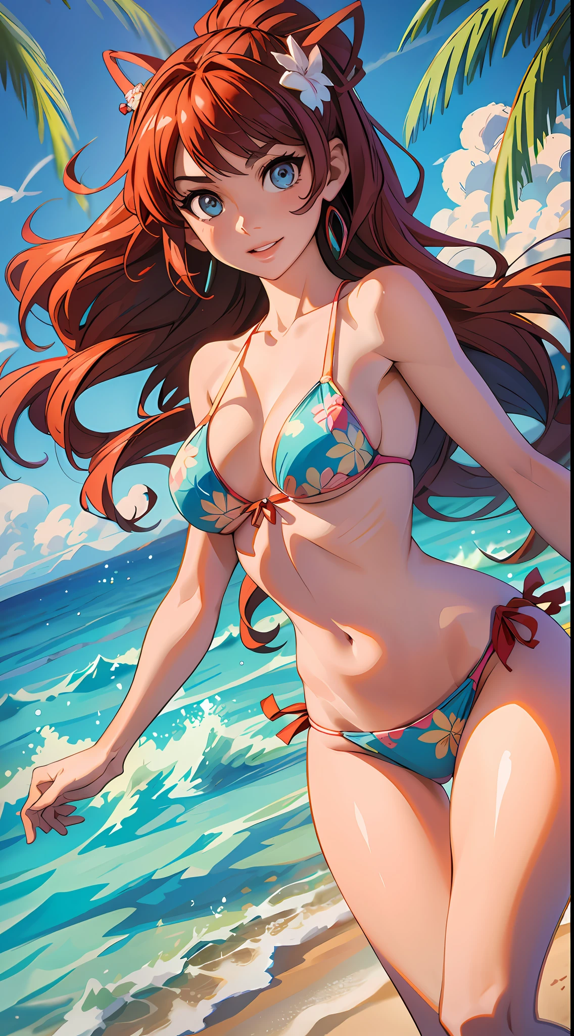anime girl in bikini on beach with palm trees and blue sky, extremely detailed artgerm, beautiful portrait of nami, seductive anime girl, detailed digital anime art, marin kitagawa fanart, by Kentaro Miura, realistic bikini, swimsuit, nami one piece, artgerm on artstation pixiv, beautiful alluring anime woman