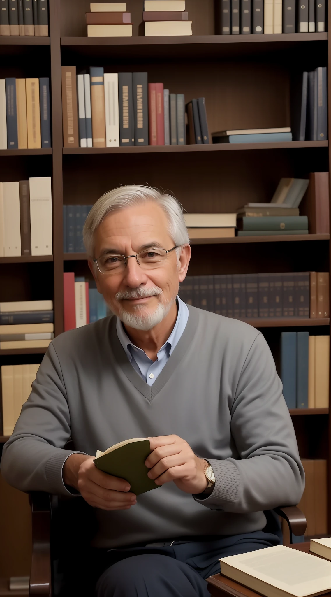 Drawing for me, a professor, sitting in a library with many books, in his mid-50s, happy face, gray hair, evening light