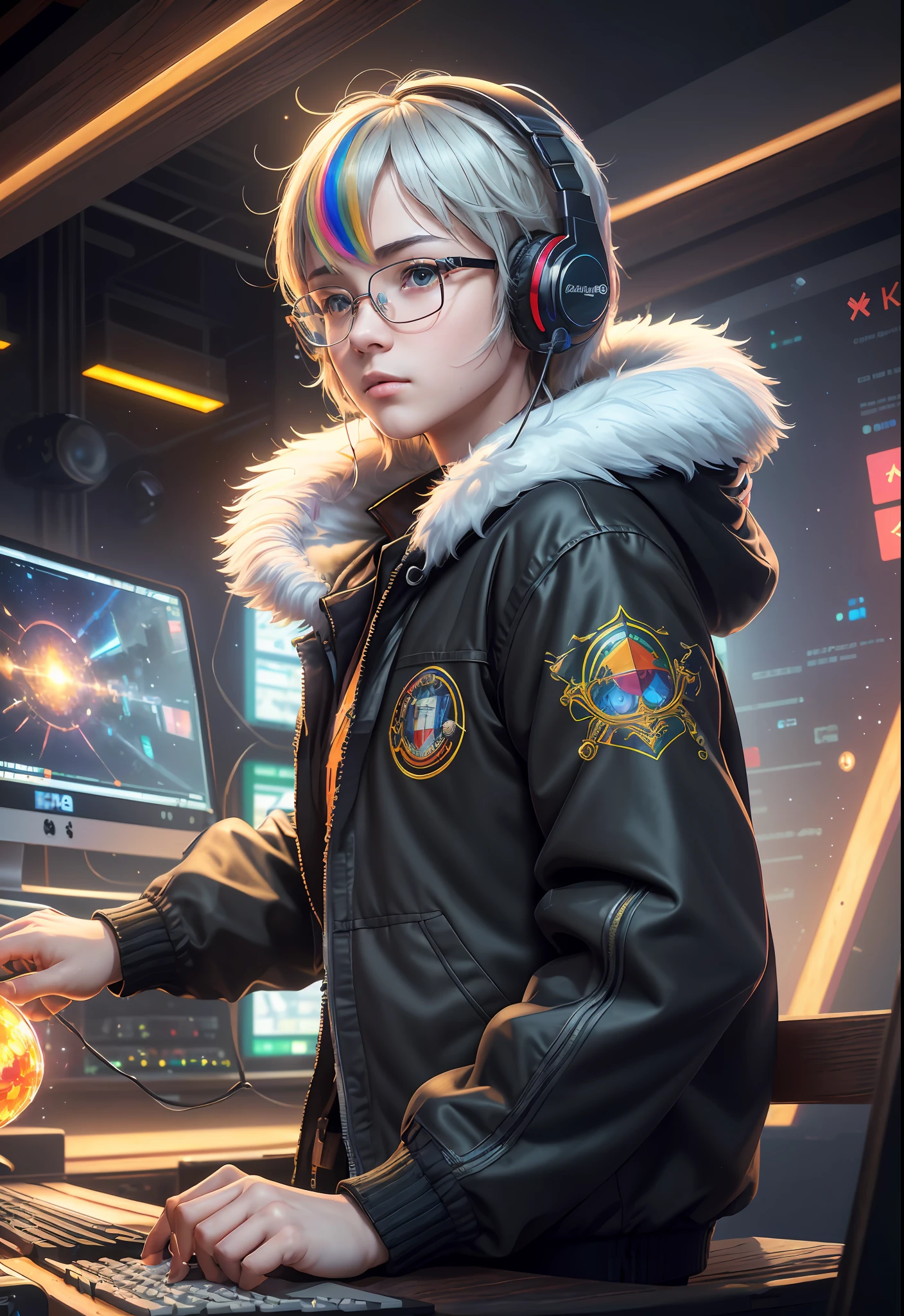 Masterpiece, Best Illustration, Solo, Multiplayer, Handsome Glasses-kun, White-haired Boy, Blonde Girl, Seated, Keyboard \ (Computer \), Fur Decoration, Computer, Monitor, Hood, Jacket, Hood Down (Chair, Headphones, City, Instrument, Cyberpunk, Wooden Toys,\(\(Intricate Details\)\), Color Details, Rainbow Color BREAK, \(\(Best Quality of Masterpiece\)\), 4K, Ultra Detail, Detailed Lighting, \((Inspired by Hayao Miyazaki)\), Official Art, Propaganda art, composition, a giant mirror ball floating in space, twinkling lights, sad lost, particles in the air, intricate fractals, detailed, (illustration), masterpiece, high resolution, best quality. Illuminate people, colorful, master composition, focus on key figures, realism, masterpiece, award-winning, best quality, masterpiece, ultra-detailed, 8K, extremely detailed CG Unity 8k wallpaper, complex, highly detailed, realistic