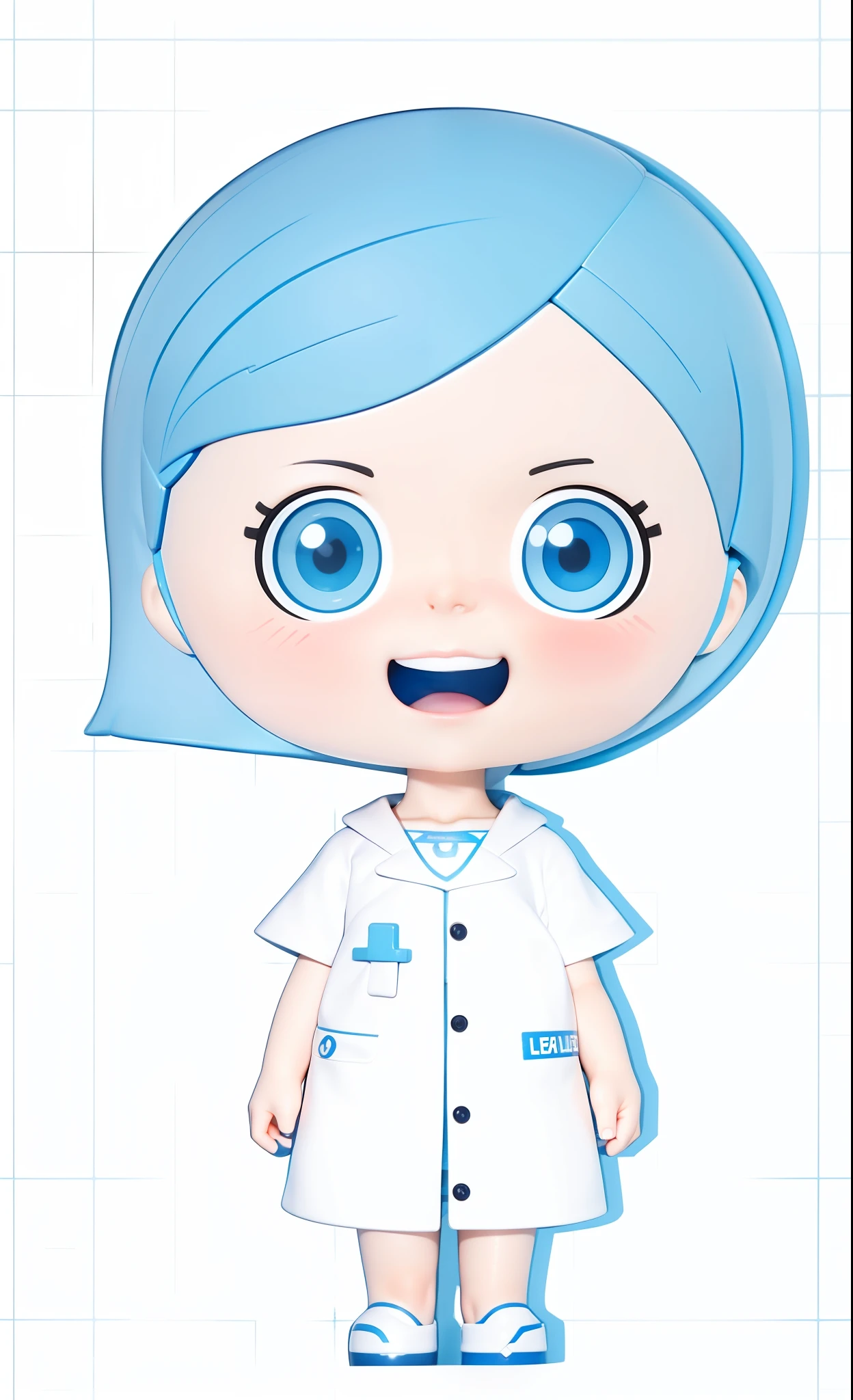 A girl with blue eyes, blue hair, short hair, no headdress, white doctor white coat dress, cute smile (beautiful detail eyes), (beautiful detail face), (Clean background: 1.1), bright, background, Disney style, fine gloss, dreamy, cute, pop-mart lp, high detail, super high quality, bright colors, real model blind box toy, multiple viewing angles, 3D rendering, oc rendering, best quality, 8k, bright, headlight, face shot, fine gloss, super detox, (full body: 1.3) --auto --s2