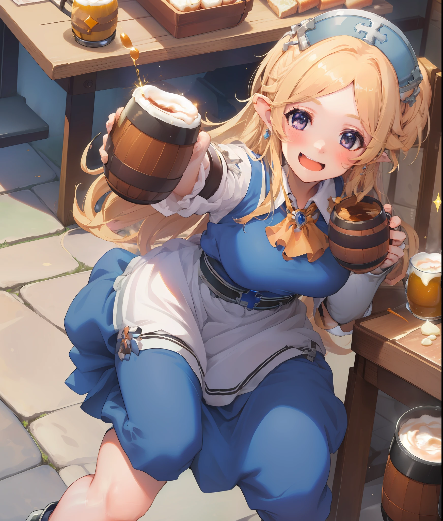 (((masterpiece, best quality, high resolution))), 3starOutfit, Paladin Outfit, 1girl, drooling, solo, mug, holding, cup, food, blush, open mouth, breasts, holding cup, beer mug, drunk, alcohol, saliva, sparkle, beer, smile,