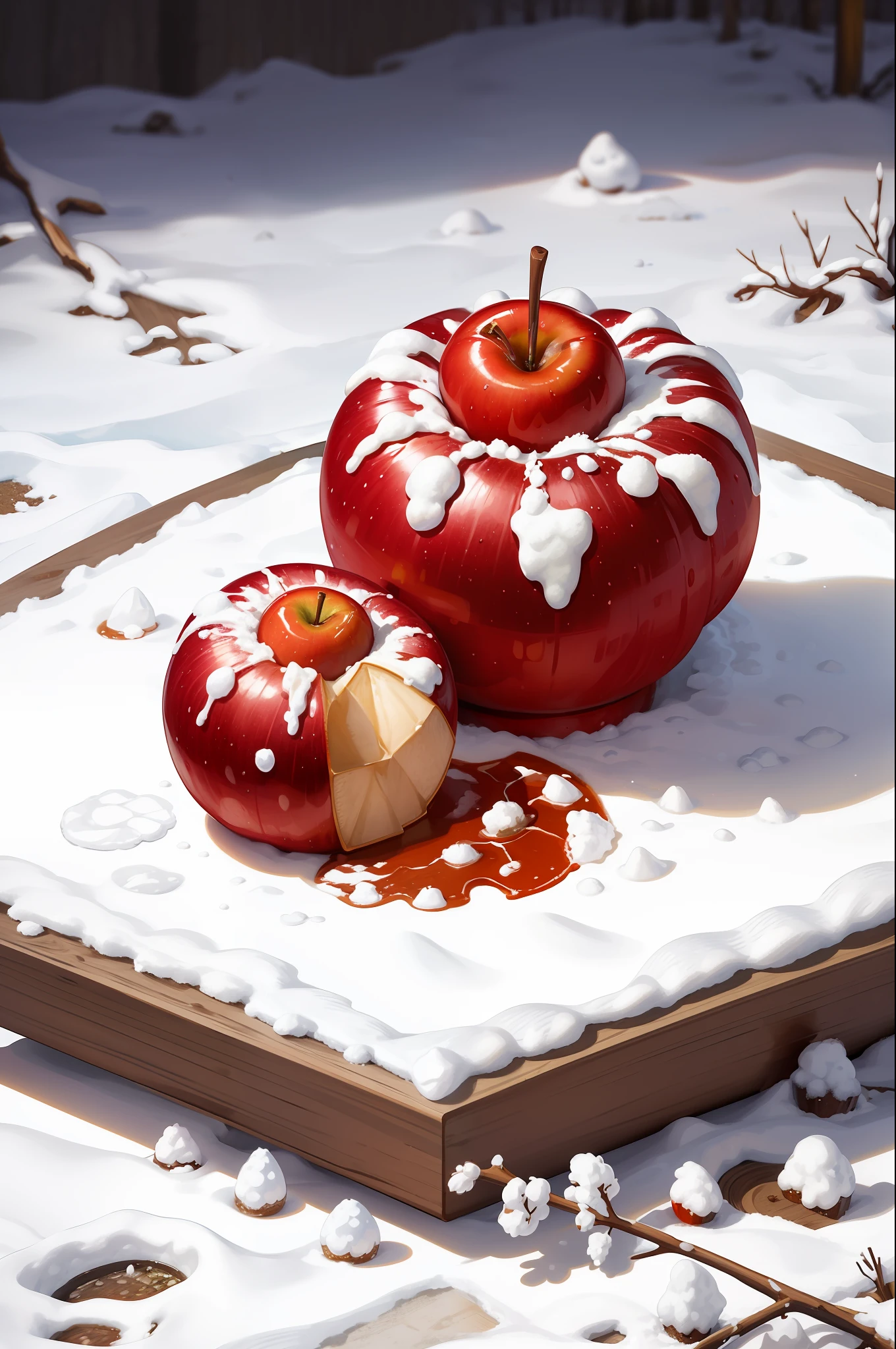 masterpiece, high quality, best quality, red apples, lying in snow, foodphoto, snow crystals at the edges of the picture