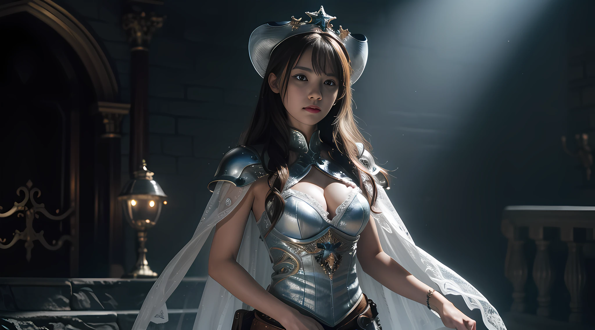1girls, very detailed depiction of a beautiful fantasy girl in ice crown and ice armor ice, girl with fire crown, fantasy character portrait, fantasy castle looking at the audience, high resolution, superb, 8k wallpaper, very detailed, intricate, unreal engine 5, volumetric lighting, realistic, realistic lighting, cinema, 4k, cinematic lighting, 8k, depth of field, 3d, perfect, award-winning, ultra-detailed, realistic, ultra-realistic, photorealistic lighting, bright light, complex detail, stop motion, super focus, tonemapping, sharp focus, hyper detailed, detailed eyes, eyes focus, (illustration:1.1), highres, (extremely detailed CG unity 8k wallpaper:1.1), (beautiful face:1.15), (cowboy_shot:1.5), torino_ style (nixeu_soft :0.8), (nixeu_white:0.8),