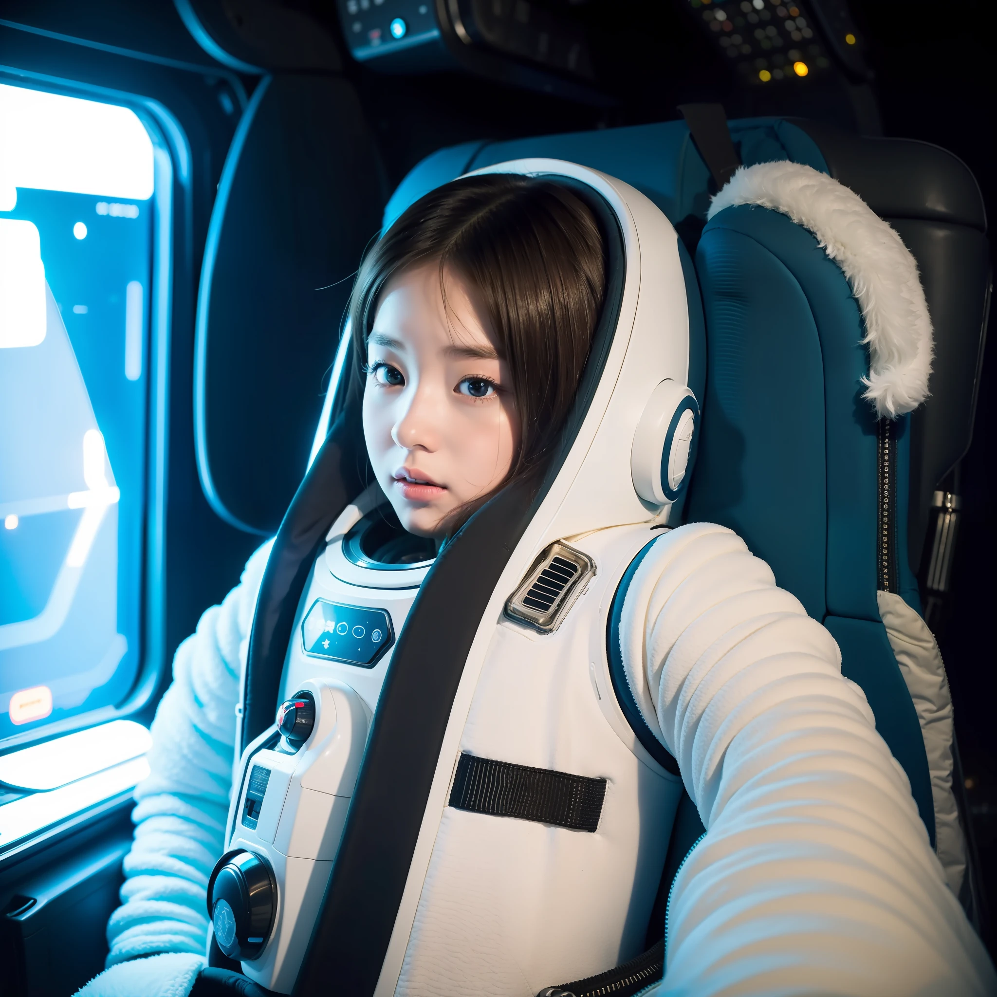 A girl in a spacesuit staring at space in the pit of a spaceship. However, in her hand is a fluffy space stuffed animal, which stands out for its cuteness.