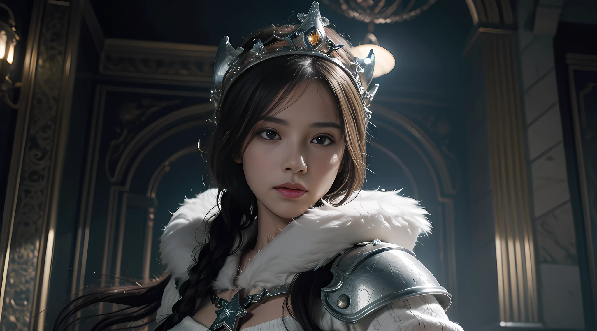 1girls, very detailed depiction of a beautiful fantasy girl in ice crown and ice armor ice, girl with fire crown, fantasy character portrait, fantasy castle looking at the audience, high resolution, superb, 8k wallpaper, very detailed, intricate, unreal engine 5, volumetric lighting, realistic, realistic lighting, cinema, 4k, cinematic lighting, 8k, depth of field, 3d, perfect, award-winning, ultra-detailed, realistic, ultra-realistic, photorealistic lighting, bright light, complex detail, stop motion, super focus, tonemapping, sharp focus, hyper detailed, detailed eyes, eyes focus, (illustration:1.1), highres, (extremely detailed CG unity 8k wallpaper:1.1), (beautiful face:1.15), (cowboy_shot:1.5), torino_ style (nixeu_soft :0.8), (nixeu_white:0.8),
