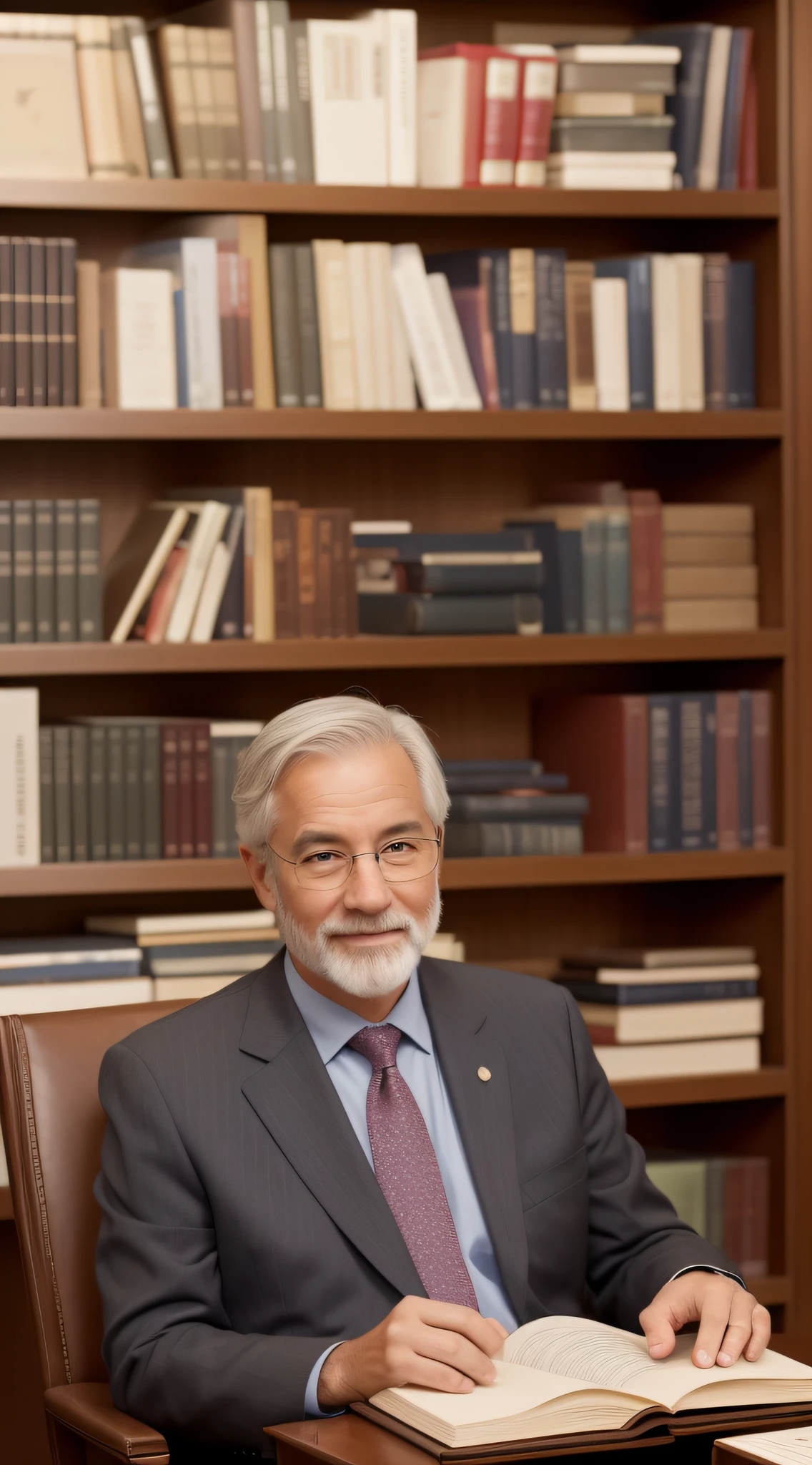 Drawing for me, a professor, sitting in a library with many books, in my 50s, happy face, gray hair, twilight light, photos erasing fonts, background separation and clear characters,