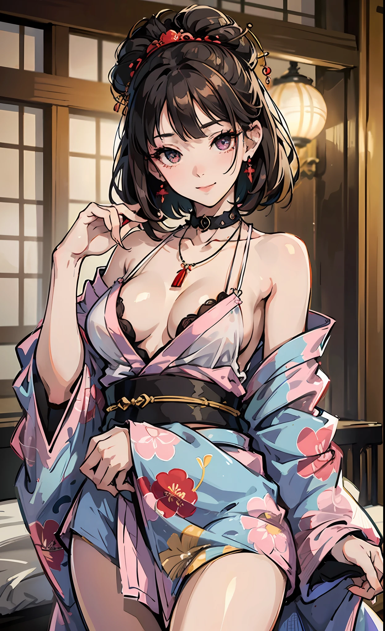 Bed, beautiful girl, (open kimono yukata to nipple tip: 1.3)，nsfw, take off clothes, (nipple tip), hd, reality, photo, real, brunette hair, black eyes, earrings, jewelry, necklace, collar, seductive smile, extremely beautiful eyes, delicate perfect face, ultimate arm, maximum precision precise perfect human body structure, facing the audience, moisturizing skin, dynamic angle --auto --s2