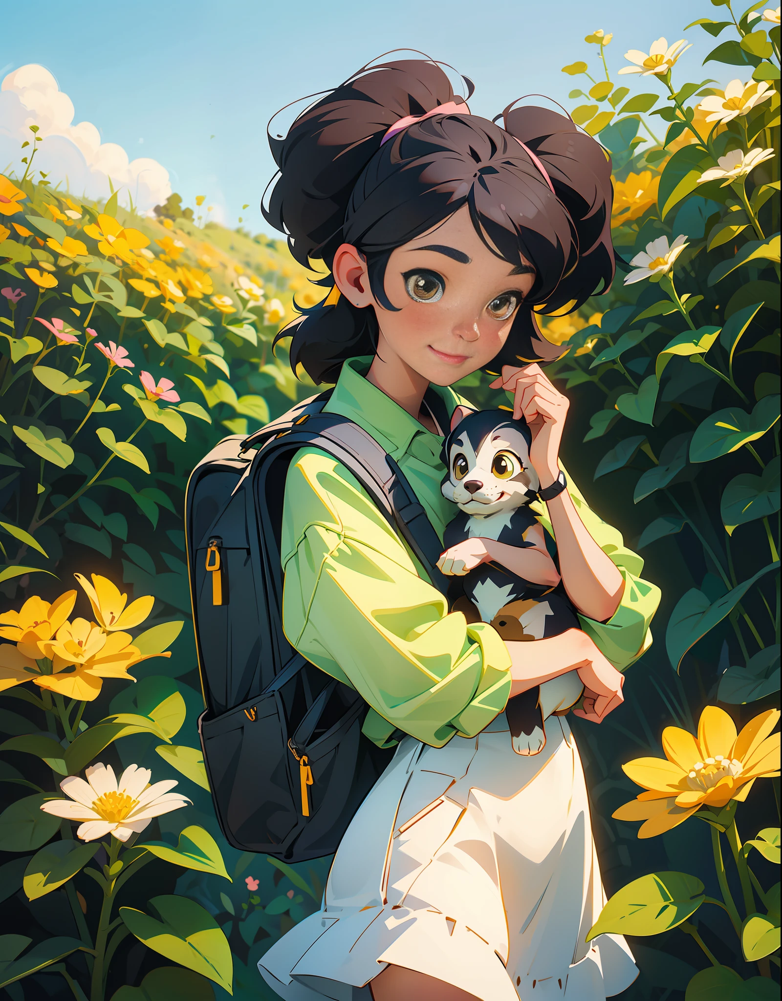 A very charming little girl with a backpack and her cute border collie puppy enjoying a lovely spring outing surrounded by beautiful yellow flowers and nature. The illustration is a high-definition illustration in 4K resolution with highly detailed facial features and cartoon-style visuals.