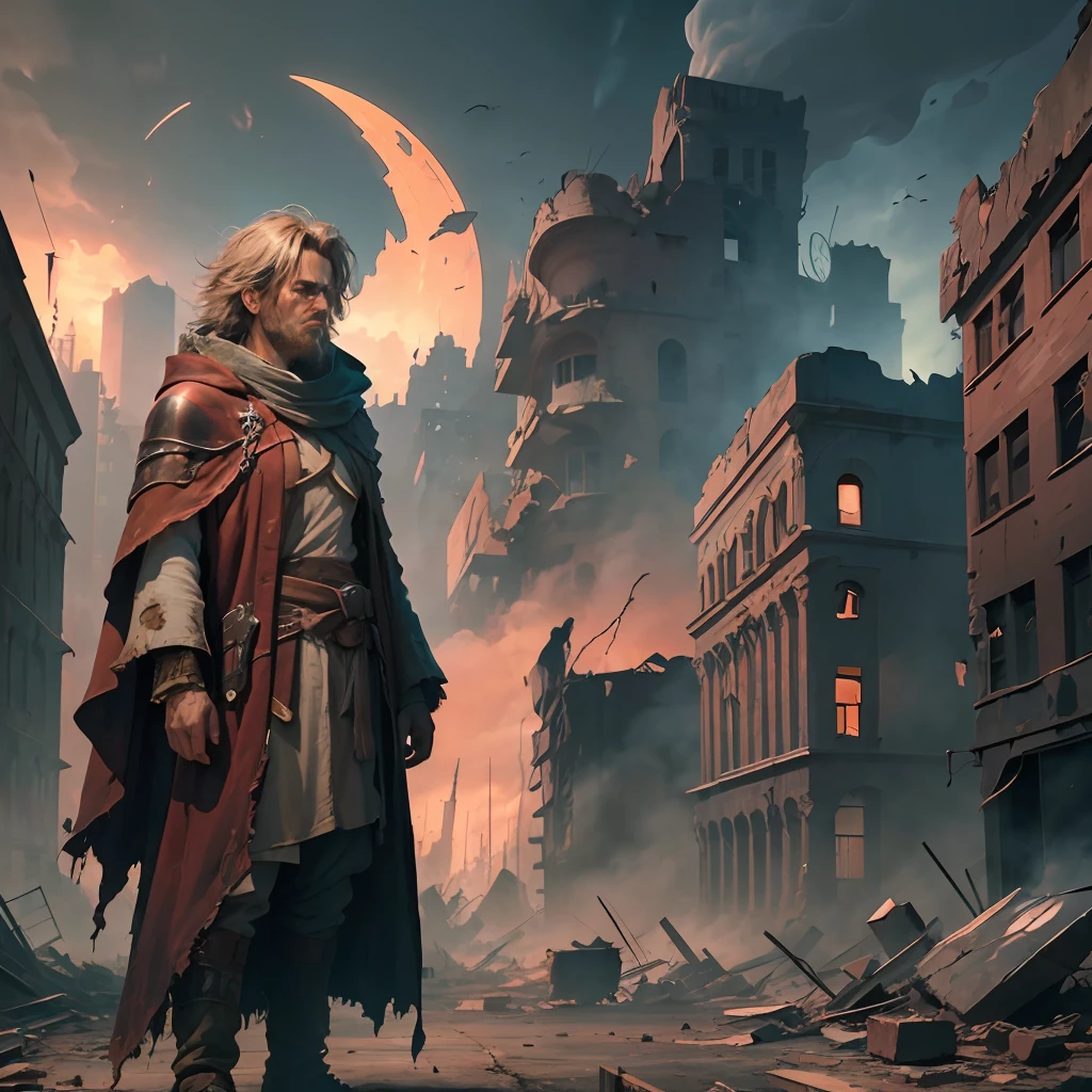 A guardian of lonely time holding an ancient clock in his hands, in a desolate apocalyptic scenario. He wears a torn robe, with shaggy hair and a tired look. In the background, crumbling buildings, rubble, toxic smoke, reddish skies and dead trees. --auto --s2
