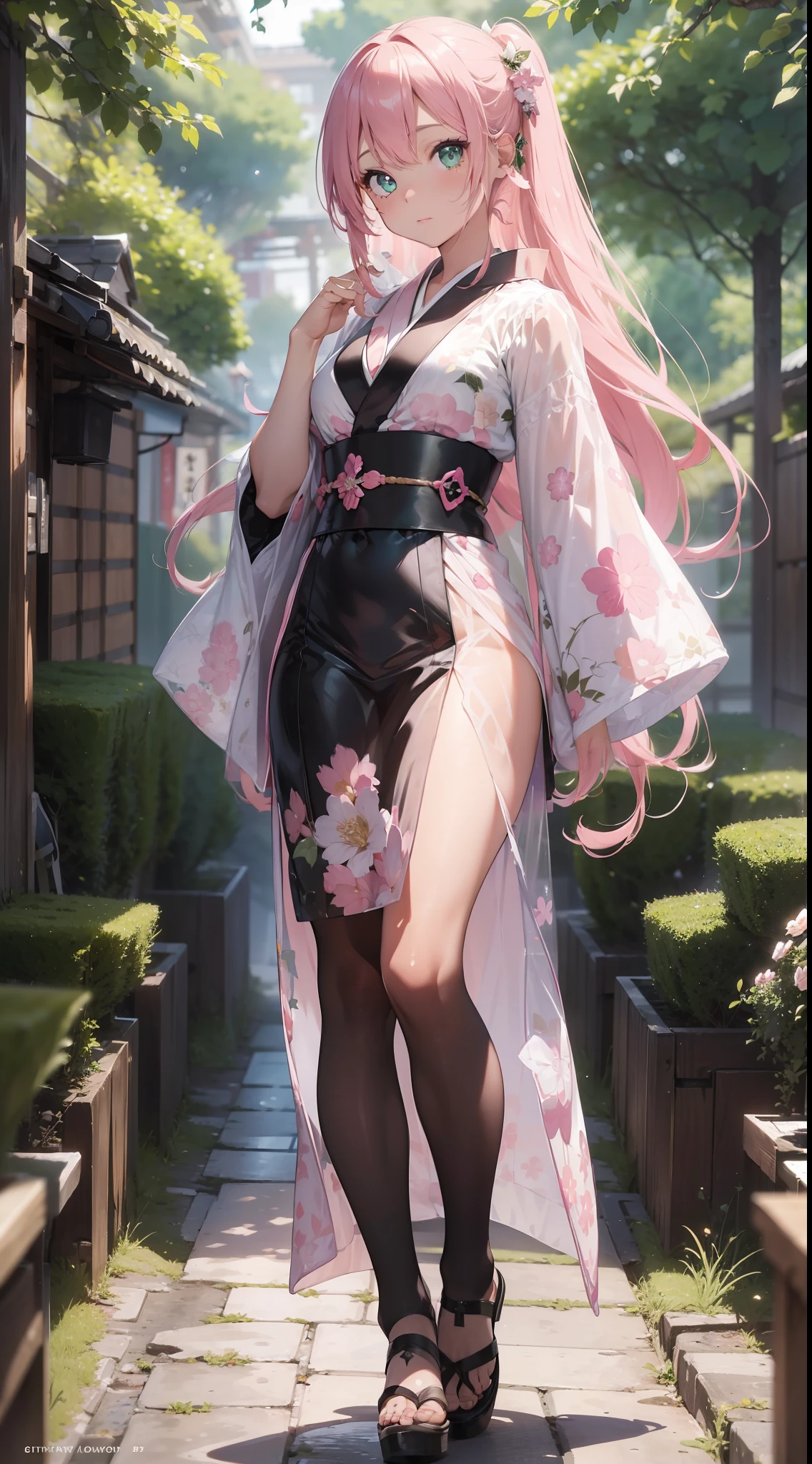 (((Masterpiece))), Morganite gemstones. (super detailed, top quality, high resolution, 8k wallpapers, beautiful clothes), full body (one girl) (pink heir, long hair, straight hair, both sides up)) ((green eyes)), eyeshadow, eyeliner, glowing eyes, ultra detailed eyes, complex eyes, beautiful eyes, (sparkling pink pupils)) 18 years old. Wearing a transparent jacket made of PVC material. Wearing a kimono. Japan Garden