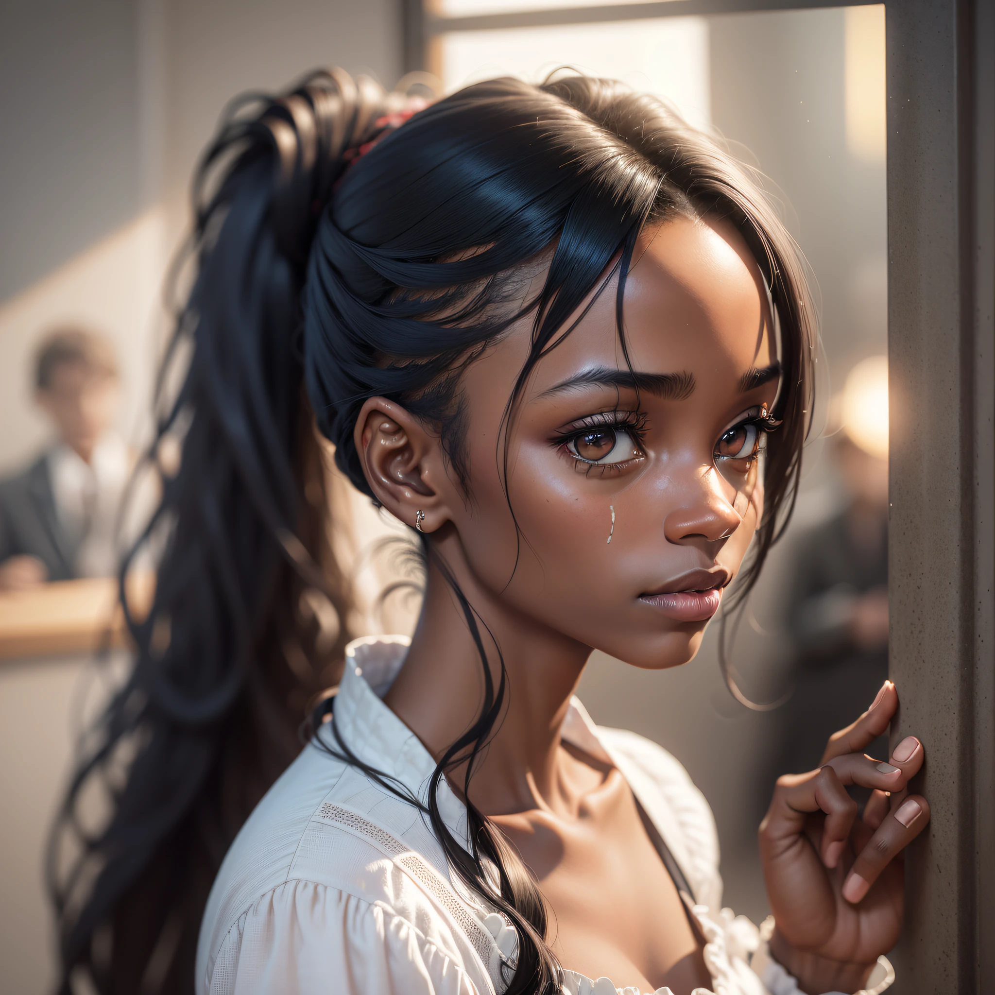 A ugly black woman from the 1700s, 18 century, 30 years old, adult, very thin, thin, dark black hair up, thin, browned eyes, high, wearing office clothes, wearing formal clothes such as a white social and black dress, polite, delicated, Looking at the landscape through the window missing someone, longing look, missing someone, (realistic), (Best Quality), (Highly Detailed), (Motion Blur), (Chromatic Aberration), (Glowing Light), (God Rays), (Ray Tracing), (Reflection Light), (backlighting), (bloom), (Sony FE), (background detailed), (eyes detailed), (Sony FE GM), (UHD), (16k, high quality), (super detail), (high details), (HD), (((Very thin))), (black people), (straight hair), (Mozambican: 1.0), (((Thin))), ((well behaved)), (((longing look))), (((missing someone))), (prominent cheekbone), ((hair up)), ((suffering by love))