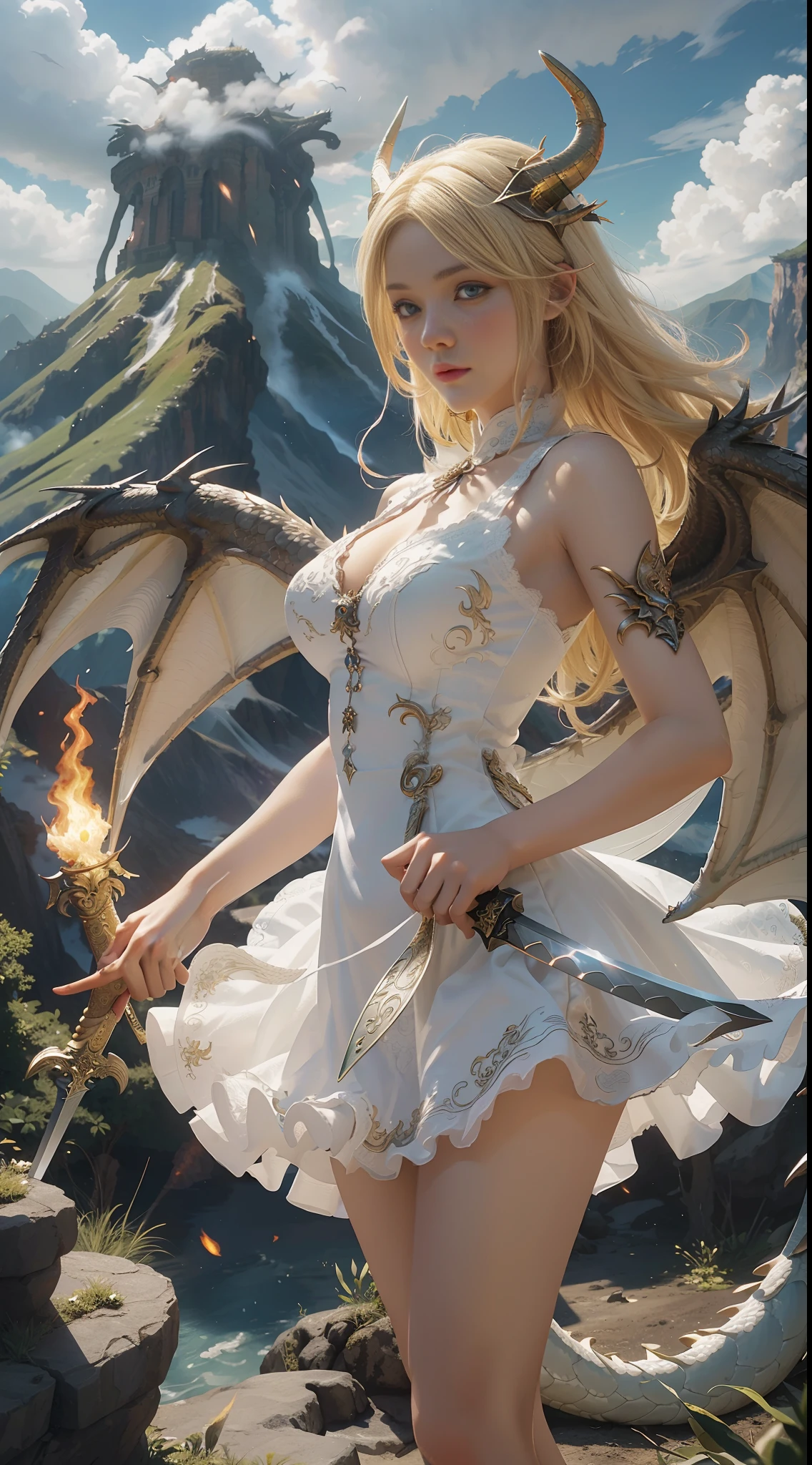 Very detailed CG, (beautiful eyes, white dress, dragon wings, medium , bare legs, head dragon horns, short dress, blonde hair, socks, holding a long sword in the left hand ), (dragon, dragon breathing fire, breath fire), volcanic eruption, magma, fire effects, flames, sky, mountains, clouds, dynamic angles, ethereal, 8k wallpapers, Masterpieces, better quality, super detailed, better lighting, better shadows