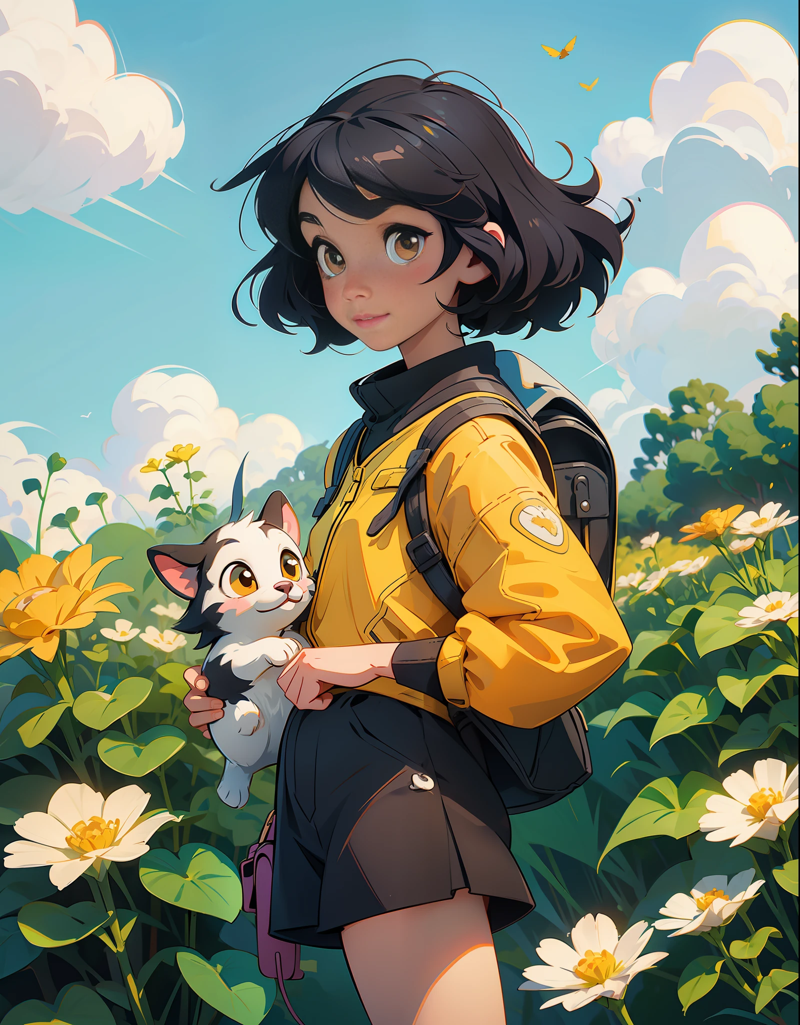 A very charming  girl with a backpack and her cute border collie puppy enjoying a lovely spring outing surrounded by beautiful yellow flowers and nature. The illustration is a high-definition illustration in 4K resolution with highly detailed facial features and cartoon-style visuals.