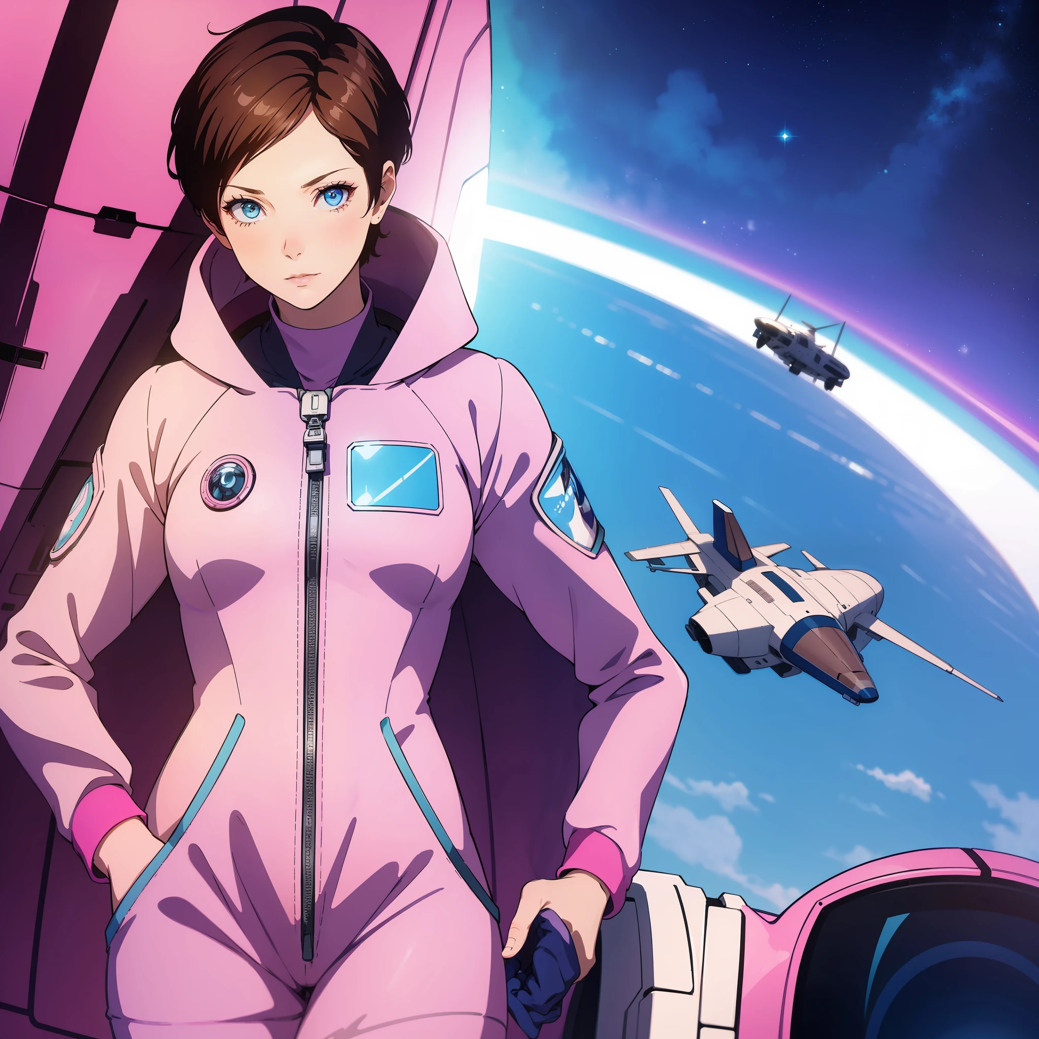 Adult woman in pink spacesuit, short brown pixie hair, sky blue eyes, blurry makeup, stepping out of a spaceship. Best quality, high detail, high contrast, color