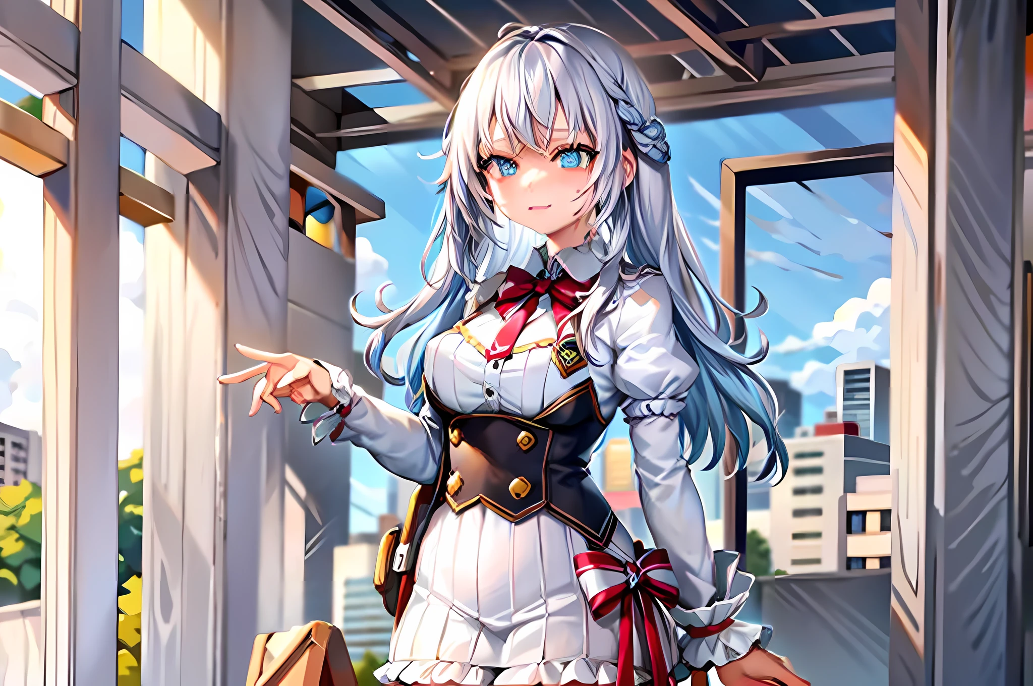 light-reflecting clothing, (light diffraction on skin: 1.35), (shiny skin: 1.55), (iridescence effect: 1.55), anime, a woman with white hair and blue eyes smiling seductively is standing in a room, , process art, seductive anime girl, **** in dress, visual anime of a cute girl, girl with perfect white hair,  Anime Moe Artstyle, fine details. Girls Frontline, From Girls Frontline, A Hyperrealistic Schoolgir, Anime Girl Wearing White Shirt with Blue Hair, Breasts, 1Girl, Escote, Camisa, Pelo largo, Blue Eyes, Drowning, Solo, Camisa blanca, Big Breasts, Wet, Wet Clothes, Blush, Short Sleeves, Bangs,(Masterpiece, Best Quality, Ultra-Detailed: 1.6), Illustration, (Solo, 1 Girl, Beautiful Detailed Eyes: 1.2), City, Street, Making a Heart with Fingers,  Expression of girl in love, , plump, big butt