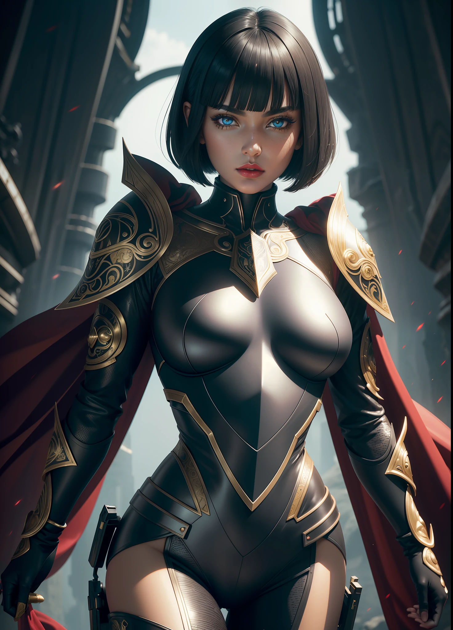 (Masterpiece) realistic BIG bust to the pelvic area of a beauty hyperrealist & photorealist beauty young astonishing anime KNIGHT QUEEN girl in highly & extremely detailed black & white futuristic combat suit body (WITH IRON TEXTURE) with cape & scarf (masterpiece), magic & incantation glowing flying surrounded her, Unity 8k, pearly perfect tanned wet skin with pores (short bob cut hair with colorful bangs fringes) ((perfect face shapes, complete perfect red lips, perfect nose, correct beautiful eyes, eyelashes, detailed intricate iris textured face in ZBrush)), full HD vines, midnight aura, BLOODBOURNE aesthetic, developed by Unreal Engine 5, Ultra Sharp Focus, Art by Alberto Seveso, Sci-Fi, vibrant & intricate Artwork, golden Ratio, epic, HR Giger STYLE