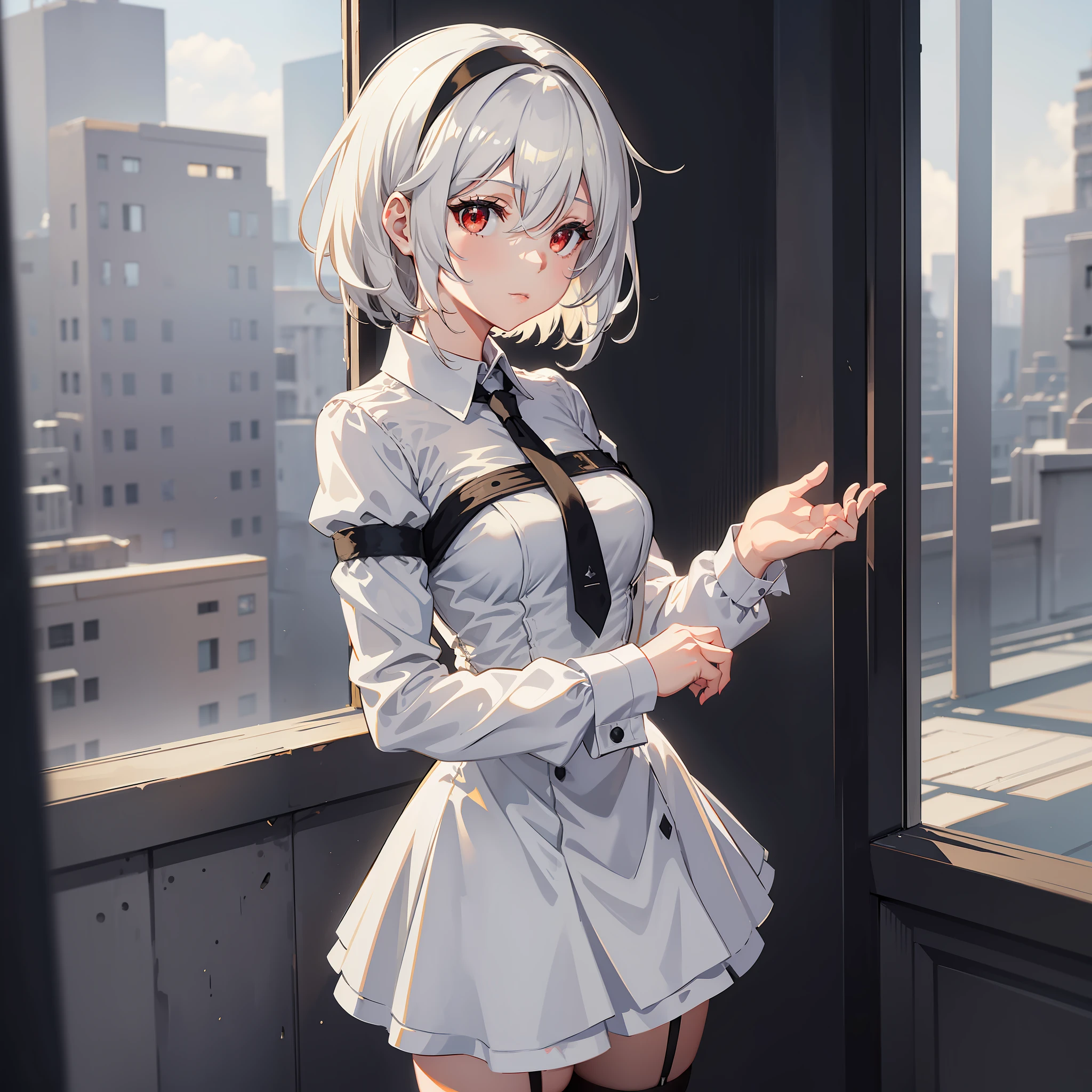 masterpiece, best quality, solo, (yorha no. 2 type b:1.14), medium breasts, expressionless, 1girl, solo, (ruffling hair, messy hair:1.1), short hair, white hair, romantic setting, best quality, ultra detailed, 1girl, solo, standing, white shirt, tie, short skirt, legwear, bright red eyes, bright skin, dramatic lighting