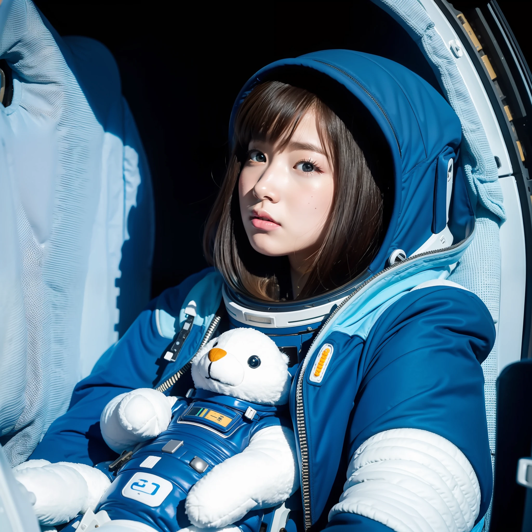 A girl in a spacesuit staring at space in the cockpit of a spaceship. However, in her hand is a fluffy space stuffed animal, which stands out for its cuteness.