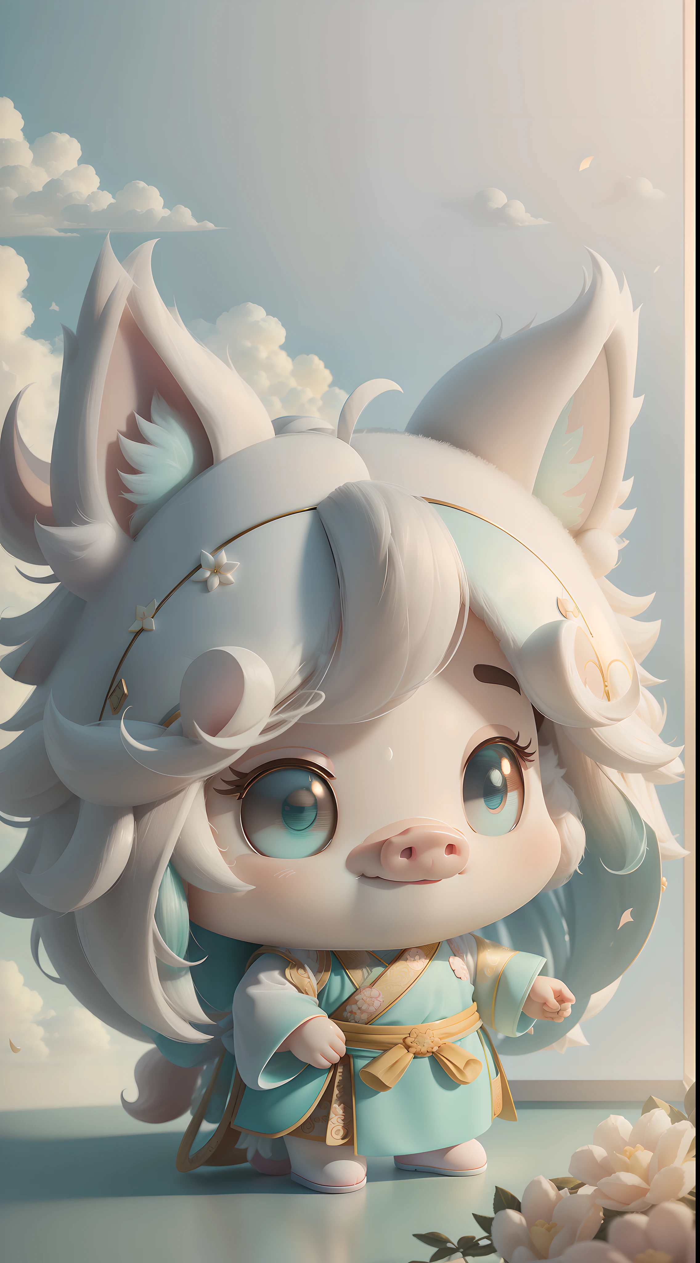 Pig, big ears, happy smile, (wearing Hanfu) furry, fluffy hair, soft ((best quality)), ((masterpiece)), (hair accessory)( extreme detail, highest detail, official art, beauty and aesthetics:1.2), depth of field, composition ( (whole body) ), (chibi), (beautiful and detailed eyes: 1.3), (very happy:1) (light mint green and gradient white), popmart blind box, clay texture, cloud decorative background, natural light, best quality, super detail, 3D Art, C4D, Blender, OC Renderer, 3D Rendering, 8K --auto --s2