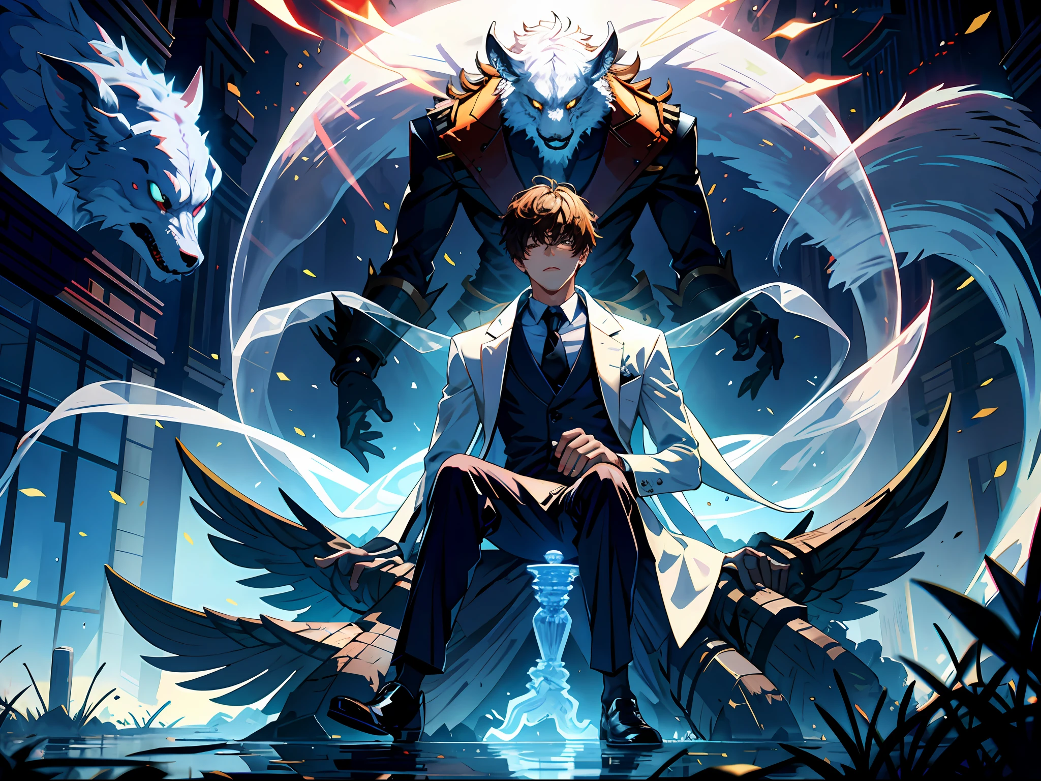HD clear, best images, illustration quality, super detailed, a handsome ager sitting cross-legged on the ground with many translucent beast ghosts behind him