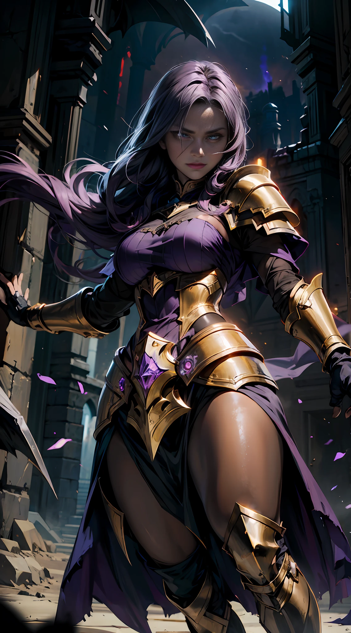 Darkness, dark wind, female paladin eroded by evil, wrapped in darkness, torn golden armor, evil expression, black magic, clear eyes, looking squarely into the camera
