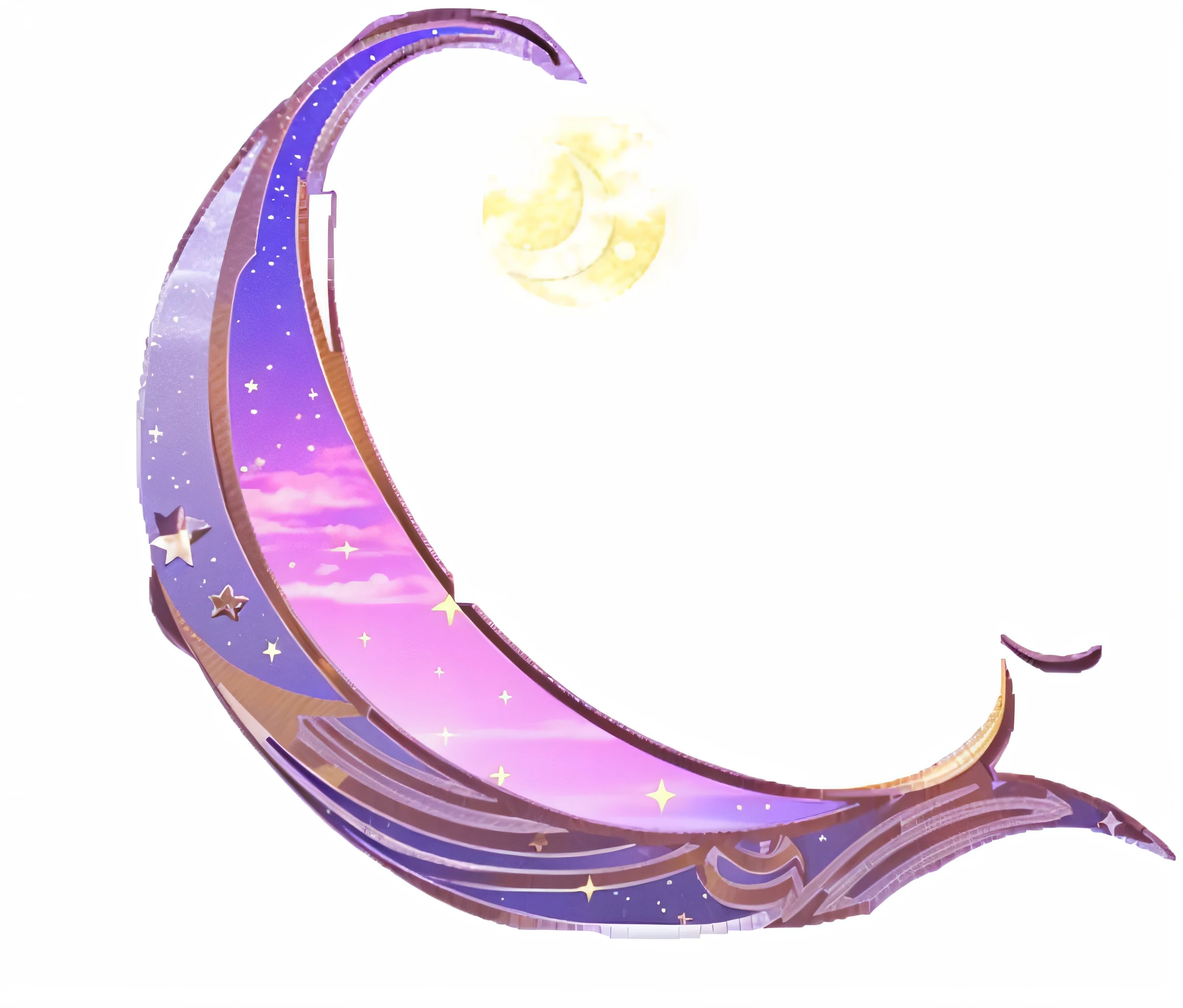 Purple crescent moon with stars in the middle, boat, crescent moon, moon and stars, with stars and moon as the theme, refracted moon sparkling, traditional moon, moon and stars, bright moon, starlight ethereal, moon, star guardian inspiration, crescent moon in background, beautiful as moon, ✨🕌🌙 moon god