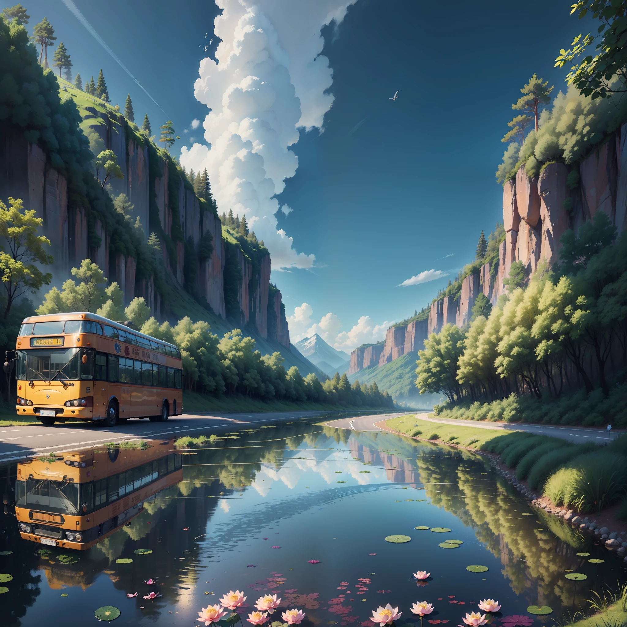 A bus driving on a winding and straight road, surrounded by lotus leaves and watermelons, blooming lotus flowers, koi ponds, mountains and trees in the distance, fresh and earthly atmosphere, golden hour light, 8k hyper-realism, colorful tones, bright colors, wide vision, hand-drawn illustration style, game screen, 8K hyper-realism, width 750px length 1645px --auto --s2