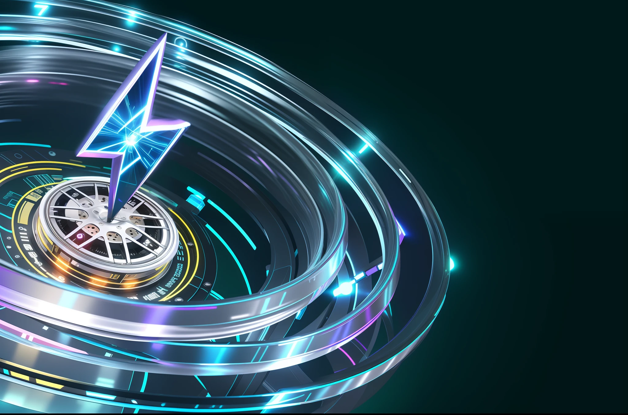 Glass ring close-up with a lot of lights, futuristic ring texture, futuristic light sense, 4K punk wallpaper, amazing wallpaper, 4K HD illustration wallpaper, sci-fi night scene, futuristic portal, digital artwork 4k, sci-fi fantasy desktop wallpaper, futuristic digital art, ring body, teal series, lightning shape clear and clear, glowing contour lightning bolt shape, texture, three-dimensional, ring texture detail