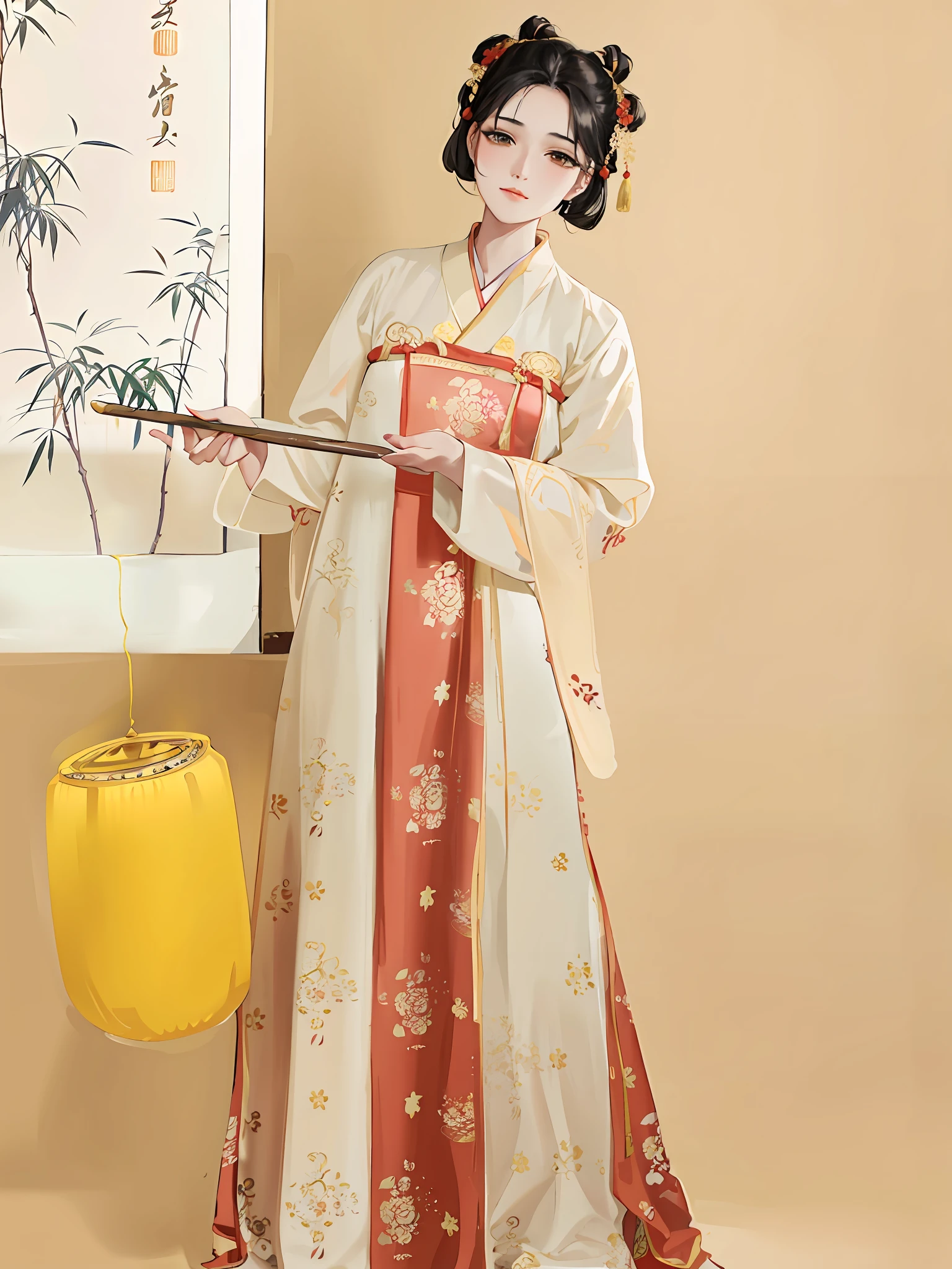 arafed woman in a traditional chinese dress holding a yellow lantern, hanfu, white hanfu, wearing ancient chinese clothes, traditional chinese clothing, tang dynasty, palace ， a girl in hanfu, with acient chinese clothes, inspired by Tang Di, chinese costume, traditional chinese, ancient chinese princess, wearing ornate silk clothes, chinese dress, inspired by Gu An