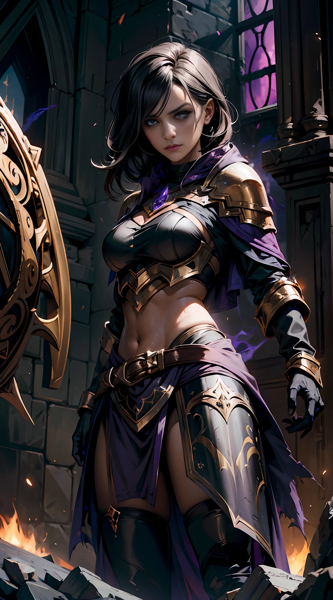 Darkness, dark wind, female paladins eroded by evil, wrapped in darkness, torn golden armor, evil expressions, black magic, standing, spell-casting action, eyes looking into the mirror,