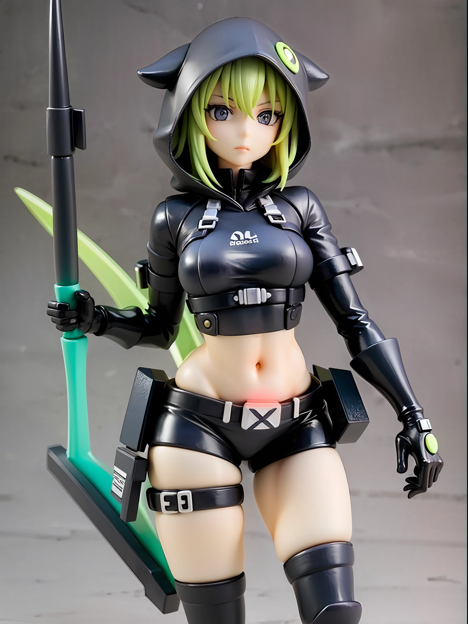 Girl, wearing a hood, neon color, holding a weapon, machine, white background, no background,