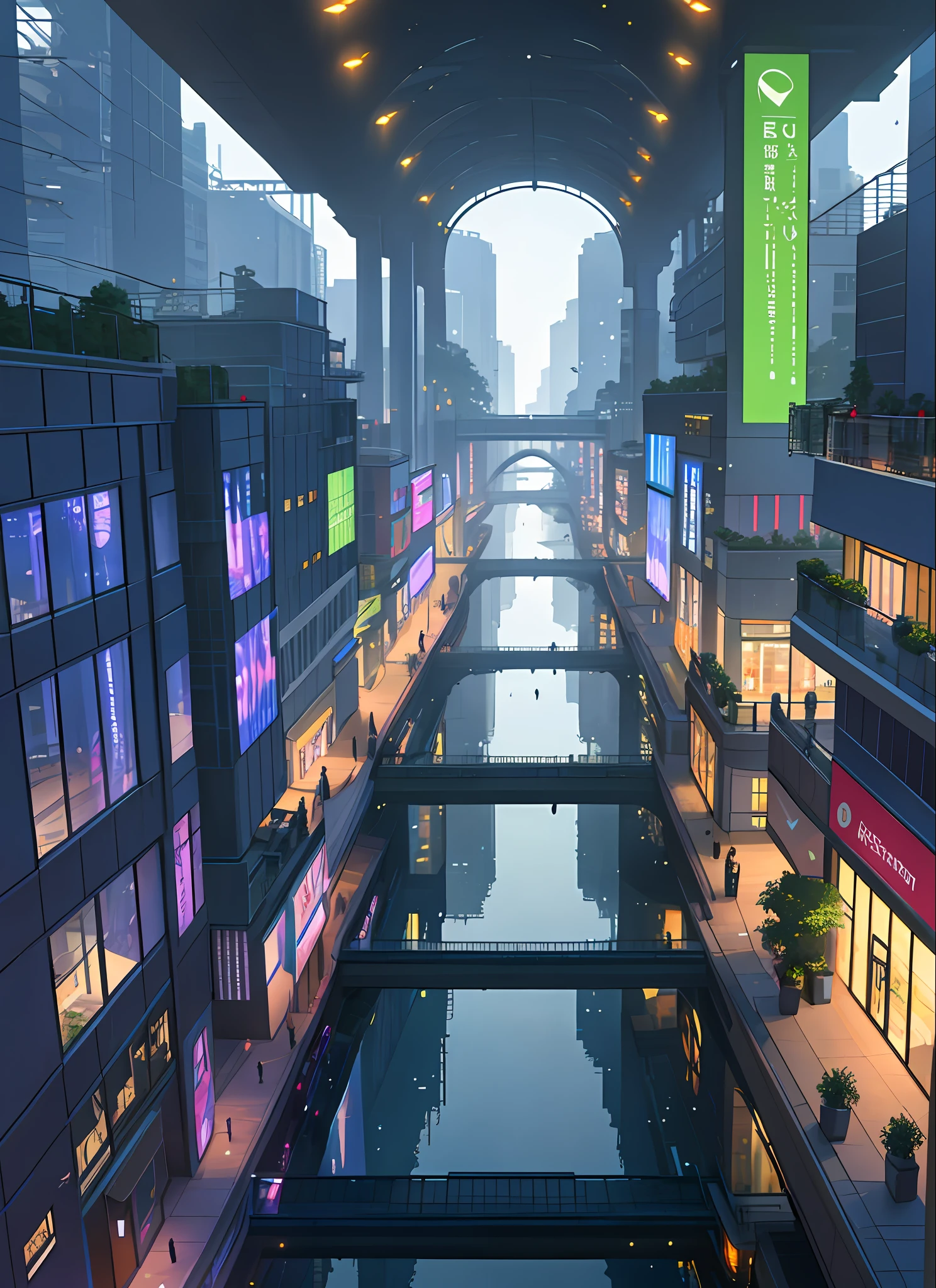 masterpiece, best quality, (technology city of the future: 1.1), fantastic feeling of light, river, dense city, super tall buildings, high resolution, hyper quality, full details.bird's-eye view, The complex features pedestrian streets and exquisite shops, with modern architectural facades creating an elegant and sophisticated environment. in the atmosphere of dawn with the Gorgeous City Light Show,The use of three-dimensional corridors and glass curtain wall towers enhances the overall futuristic feel of the scene, while realistic lighting and three-dimensional greenery create a sense of depth and vibrancy. The street planting is exquisitely detailed, adding a touch of natural beauty to the urban space. Rendered in high definition quality using 3D rendering software, the image is a breathtaking piece of urban design, strong contrast of light and shadow, extreme material details, 4K, 8K, high quality, molded curves, curved buildings, strong, shimmering glass reflections, (SOUND:1.1), (Zaha:1.2), interior construction lights that cross in the shadows, clear architectural structures