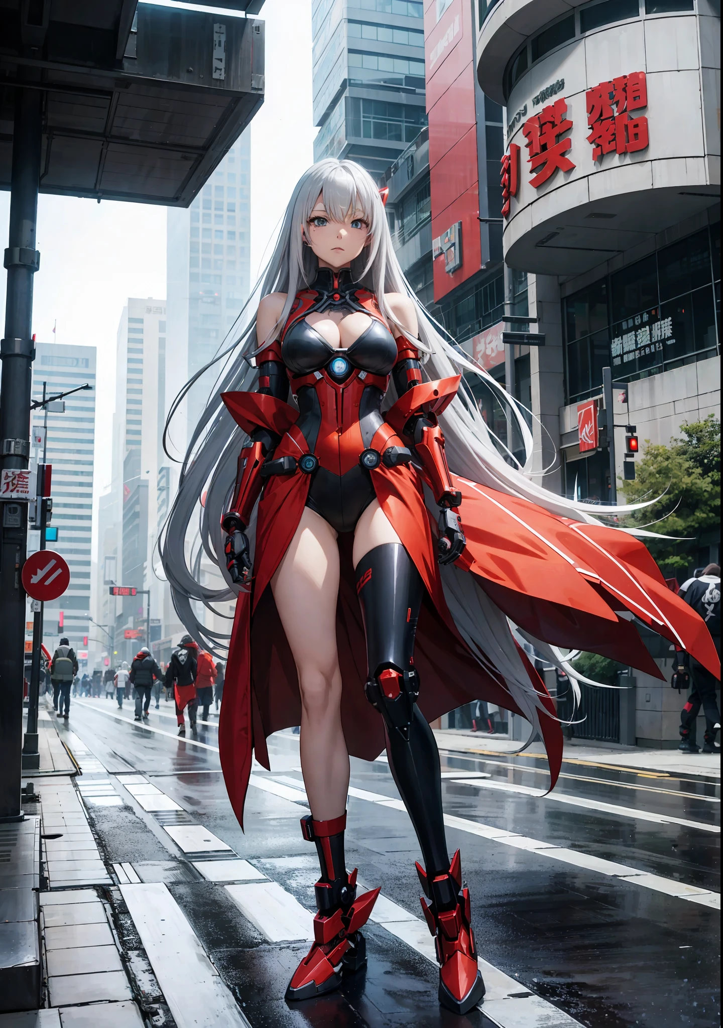 Woman with long hair and red costume standing in the city, anime cyberpunk art, best anime 4k konachan wallpaper, cyberpunk anime girl mecha, biomechanical, cyborg - silver haired girl, digital cyberpunk anime art, perfect anime cyborg woman, digital cyberpunk - animation art, saint cyborg necromancer sir girl, Anime Cyborg