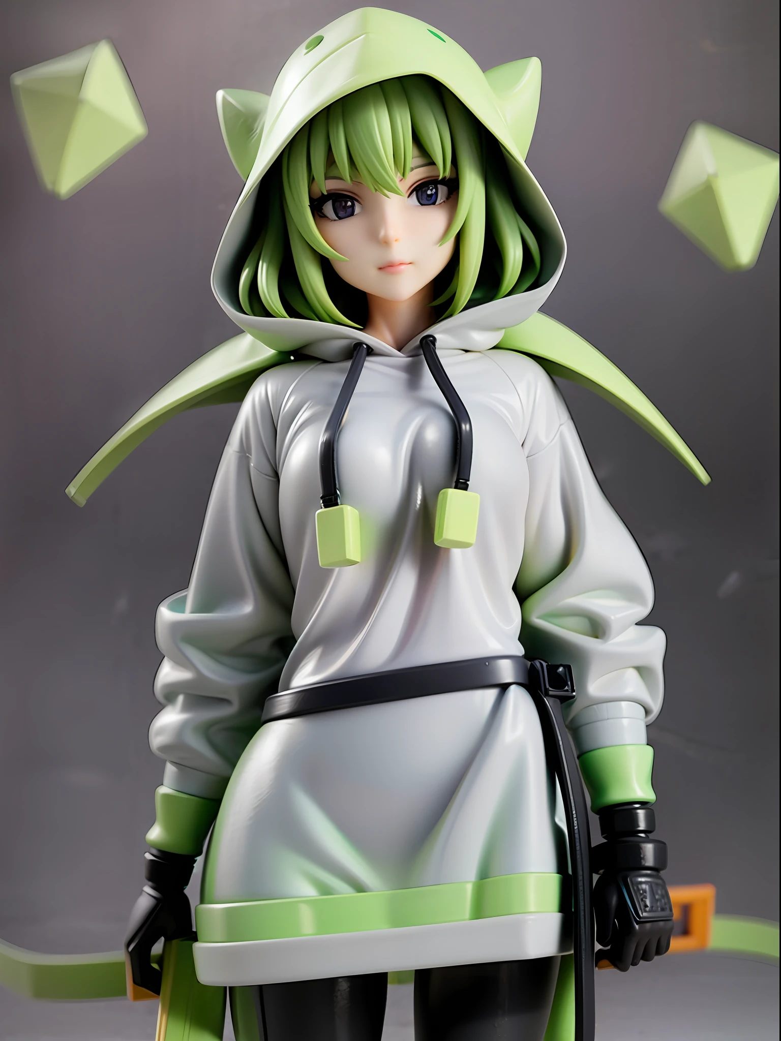 Girl, wearing a hood, neon color, holding a weapon, machine, white background, no background
